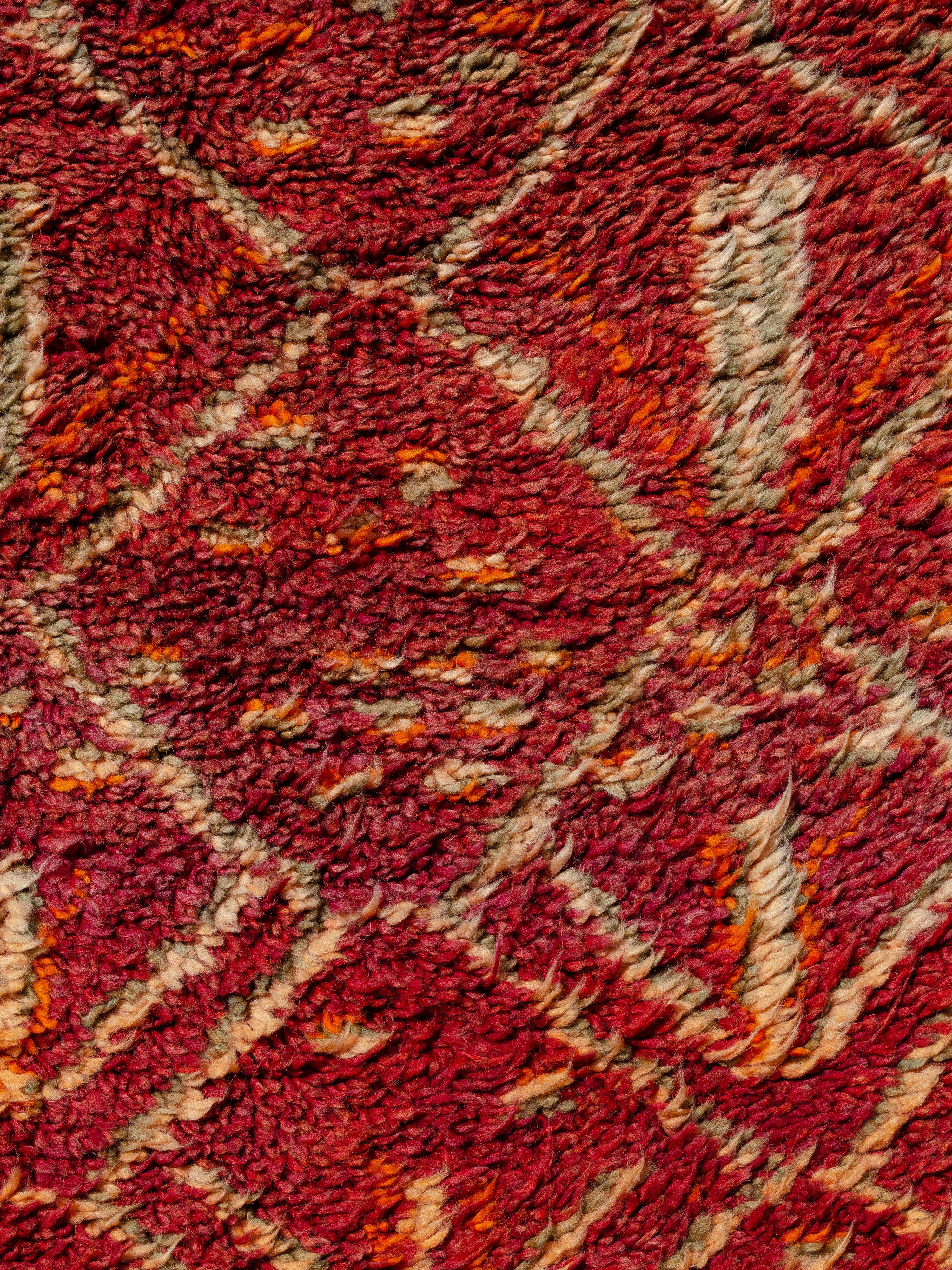 Ce tapis marocain Aït Sgougou du Moyen Atlas présente une composition éblouissante, avec un réseau général en losange rempli de branches, de formations en barres et de motifs agricoles. Un paysage rural est évoqué et souligné par une palette