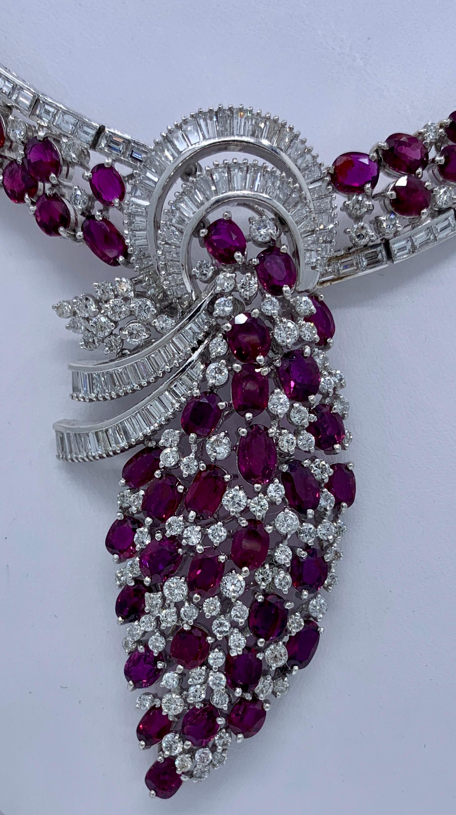 Magnificent necklace, fit for a queen, is a 70.2 total carat weight GIA Certified (Report No. 1206652363) natural (no heat treatment) corundum ruby and diamond, white gold, choker length drop necklace.  Necklace consists of a white gold, ruby and
