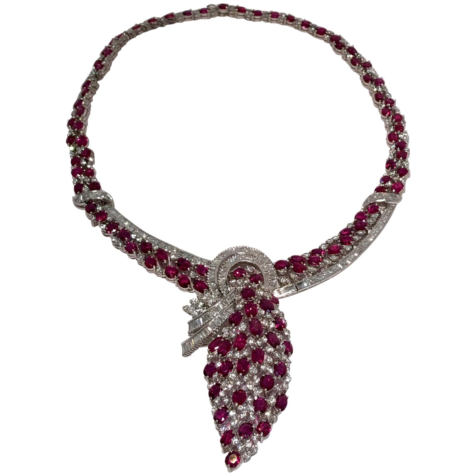 GIA Certified 70 Carat No Heat Natural Ruby and Diamond White Gold Necklace