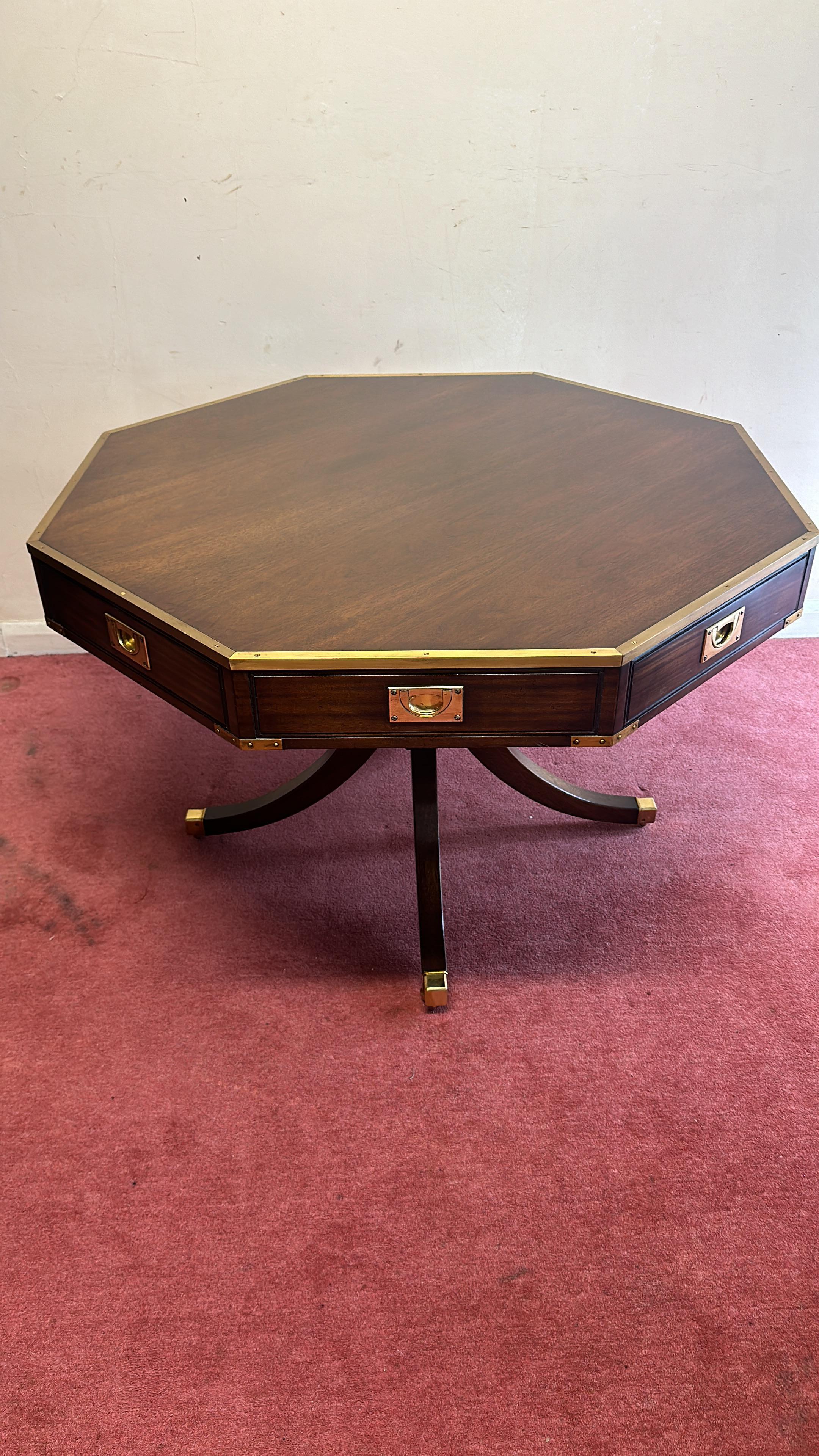 We delight to offer for sale this amazing centre table made by KENNEDY OF IPSWICH retailed by Harrods London . Made by MAHOGANY AND BRASS , the octagonal top fitted with four real and four false drawers, brass military recessed handles, raised on a