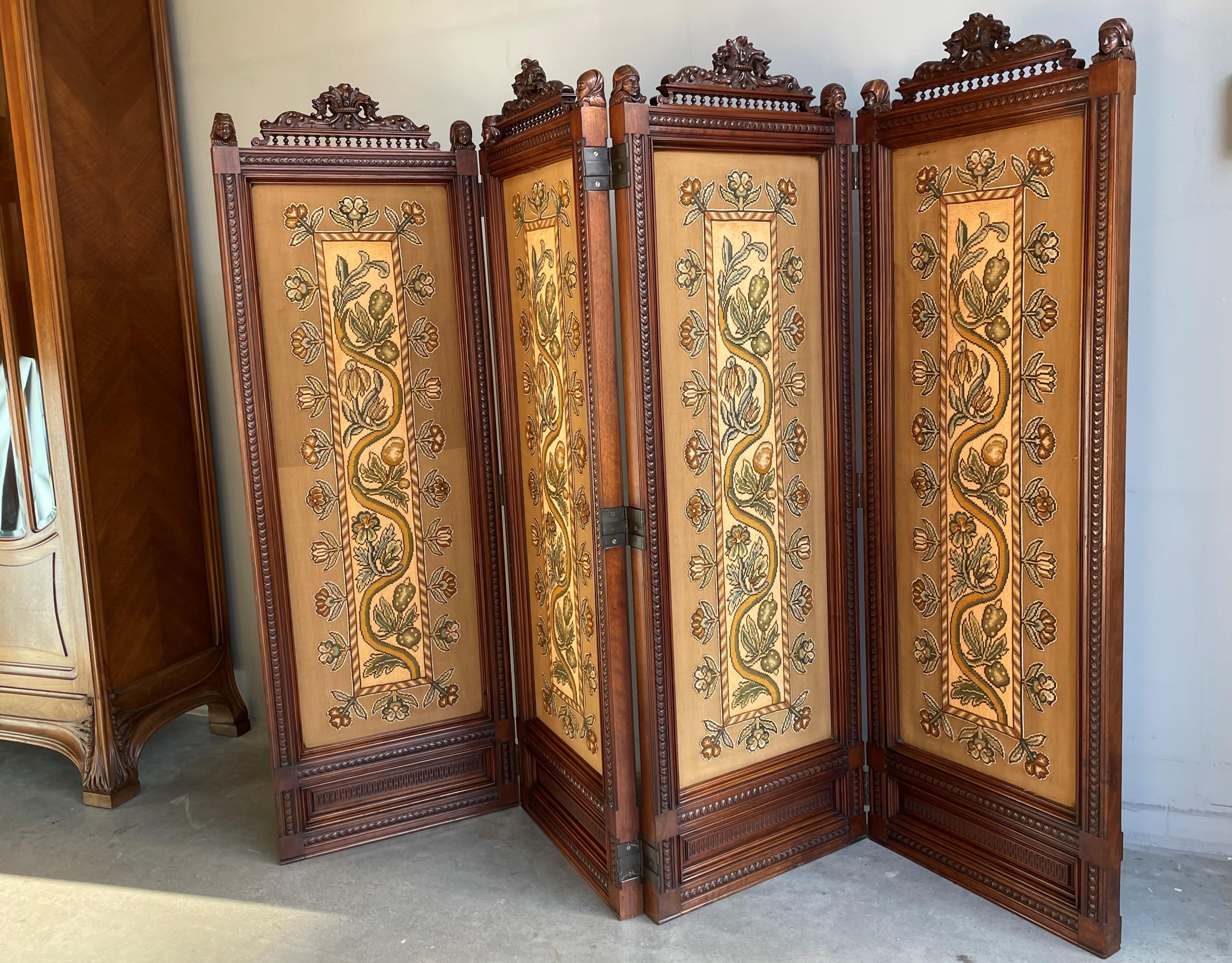 Stunning Renaissance Revival Folding Screen w. Embroidery and 8 Bust Sculptures 3