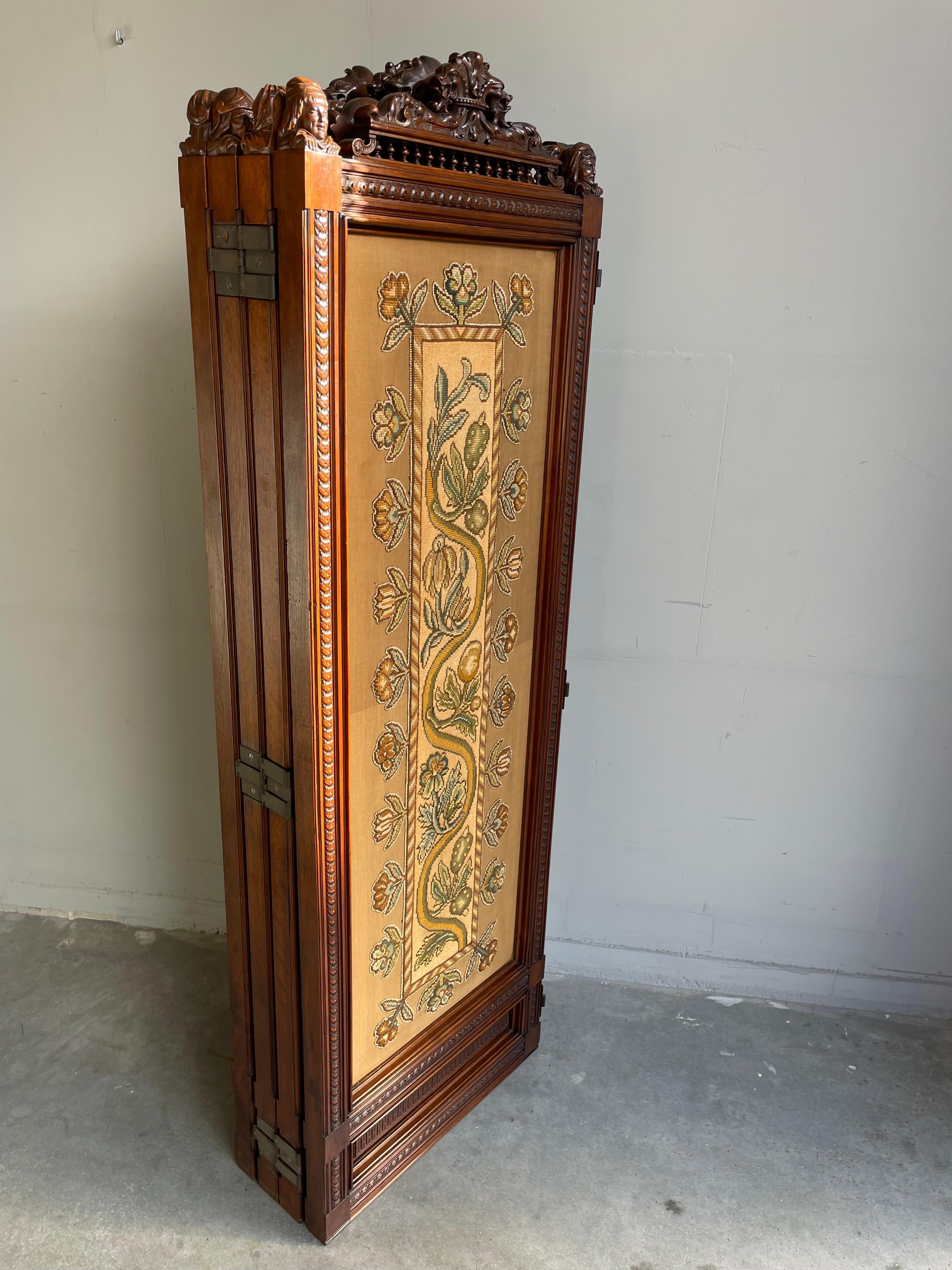 Stunning Renaissance Revival Folding Screen w. Embroidery and 8 Bust Sculptures 7