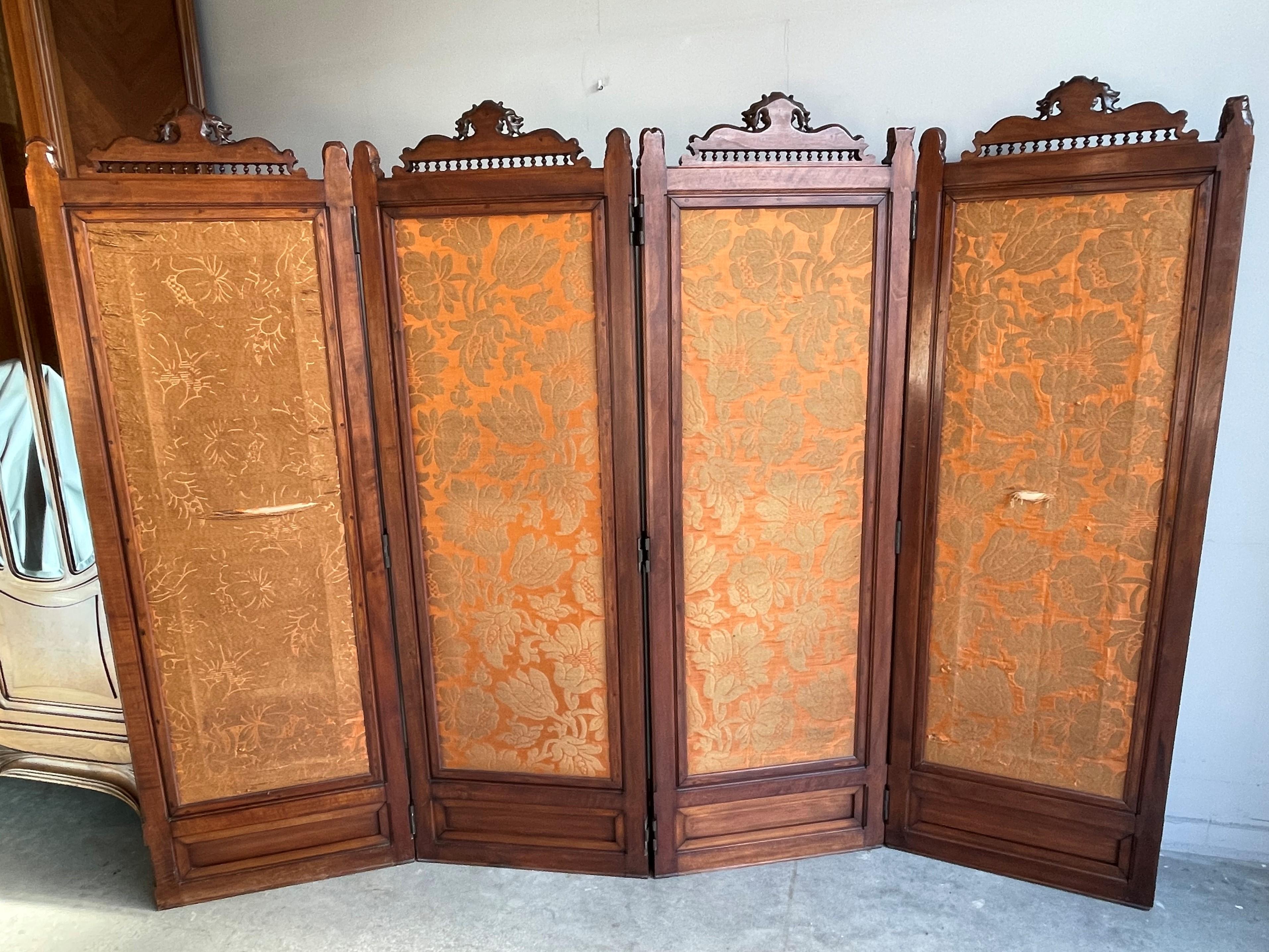 Stunning Renaissance Revival Folding Screen w. Embroidery and 8 Bust Sculptures 12