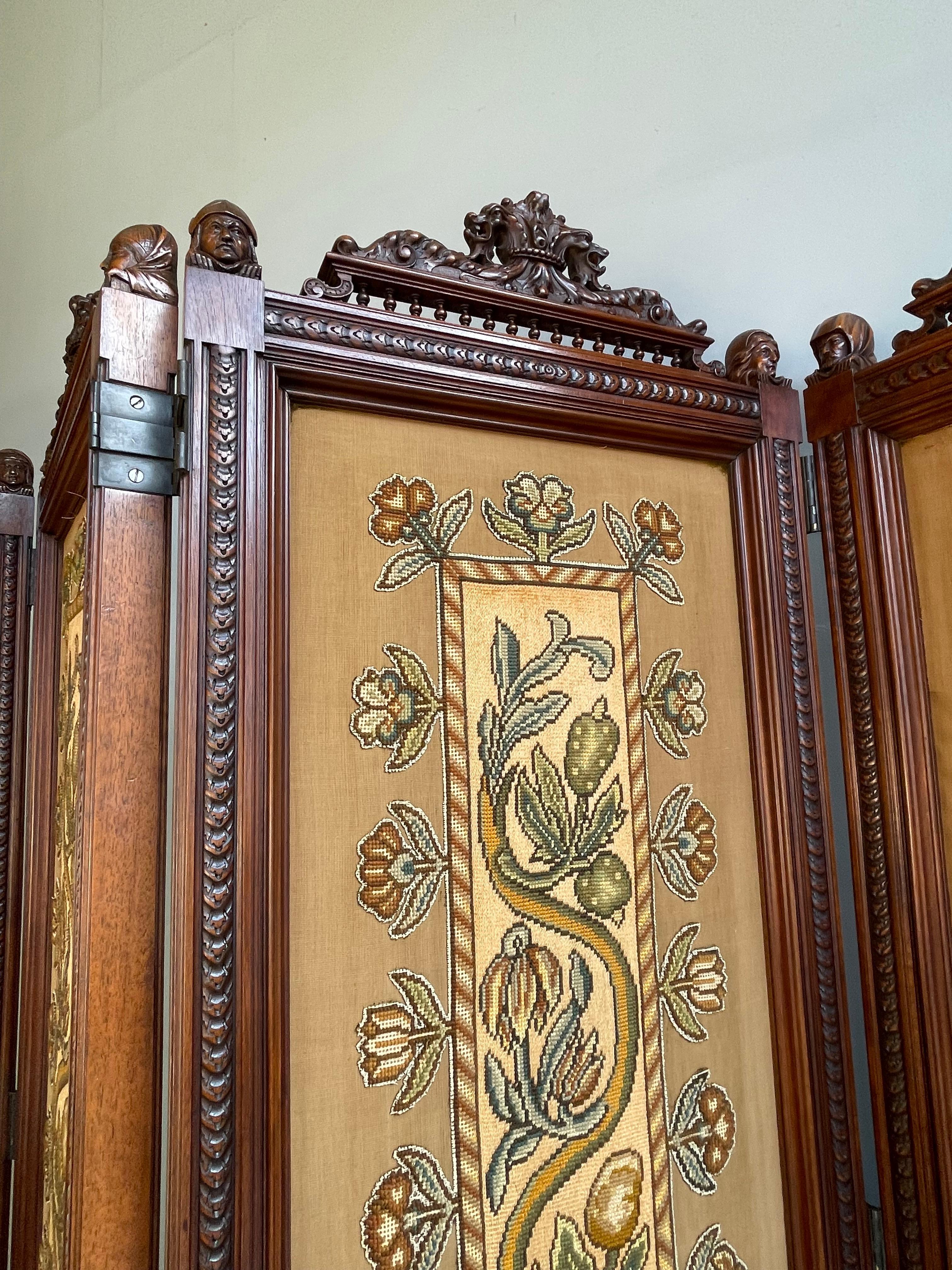 Hand-Carved Stunning Renaissance Revival Folding Screen w. Embroidery and 8 Bust Sculptures