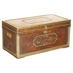 STUNNiNG RESTORED ANTIQUE 1693 DATED HAND STUDDED BROWN LEATHER STEAMER TRUNK
