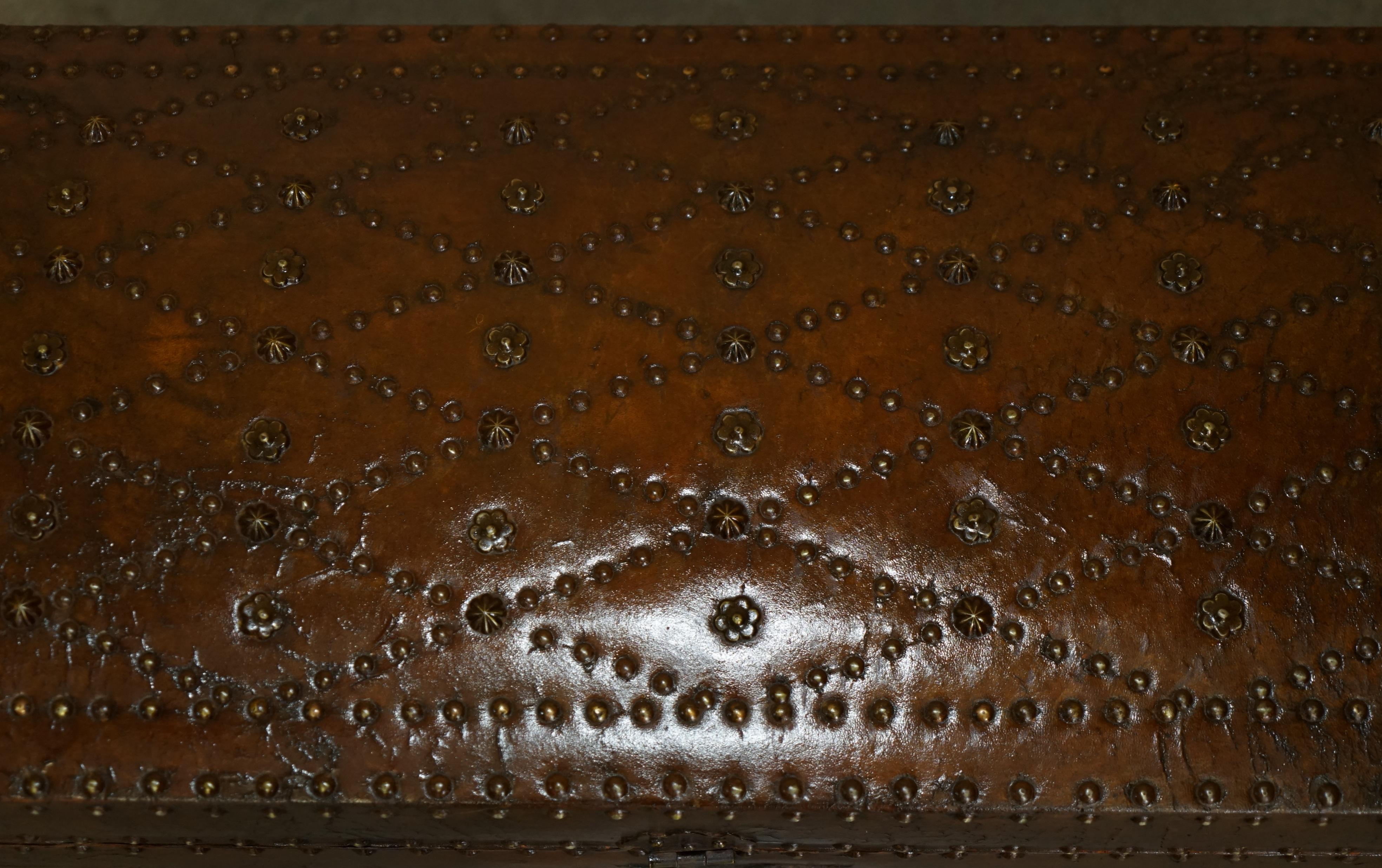 Hand-Crafted STUNNING RESTORED ANTiQUE VICTORIAN HAND STUDDED BROWN LEATHER STEAMER TRUNK For Sale