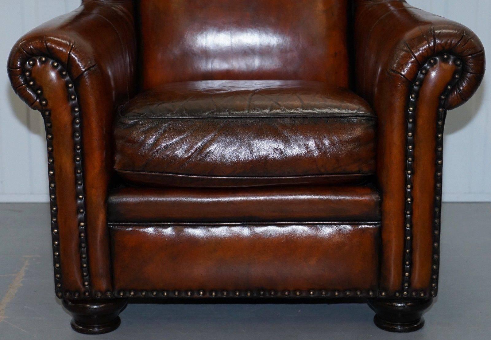 German Stunning Restored Bernhardt Thick Brown Leather Armchair and Footstool