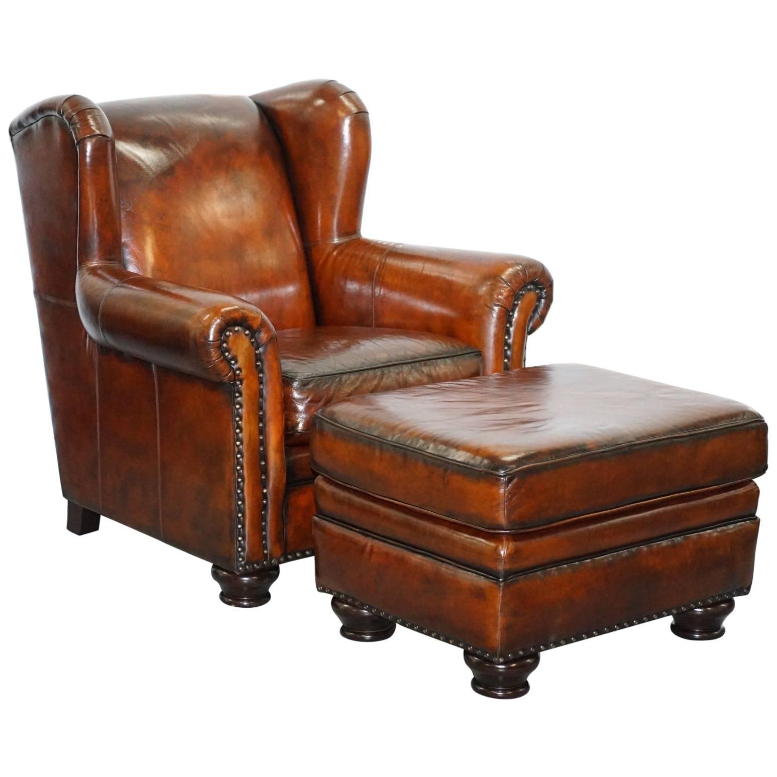 Stunning Restored Bernhardt Thick Brown Leather Armchair and Footstool