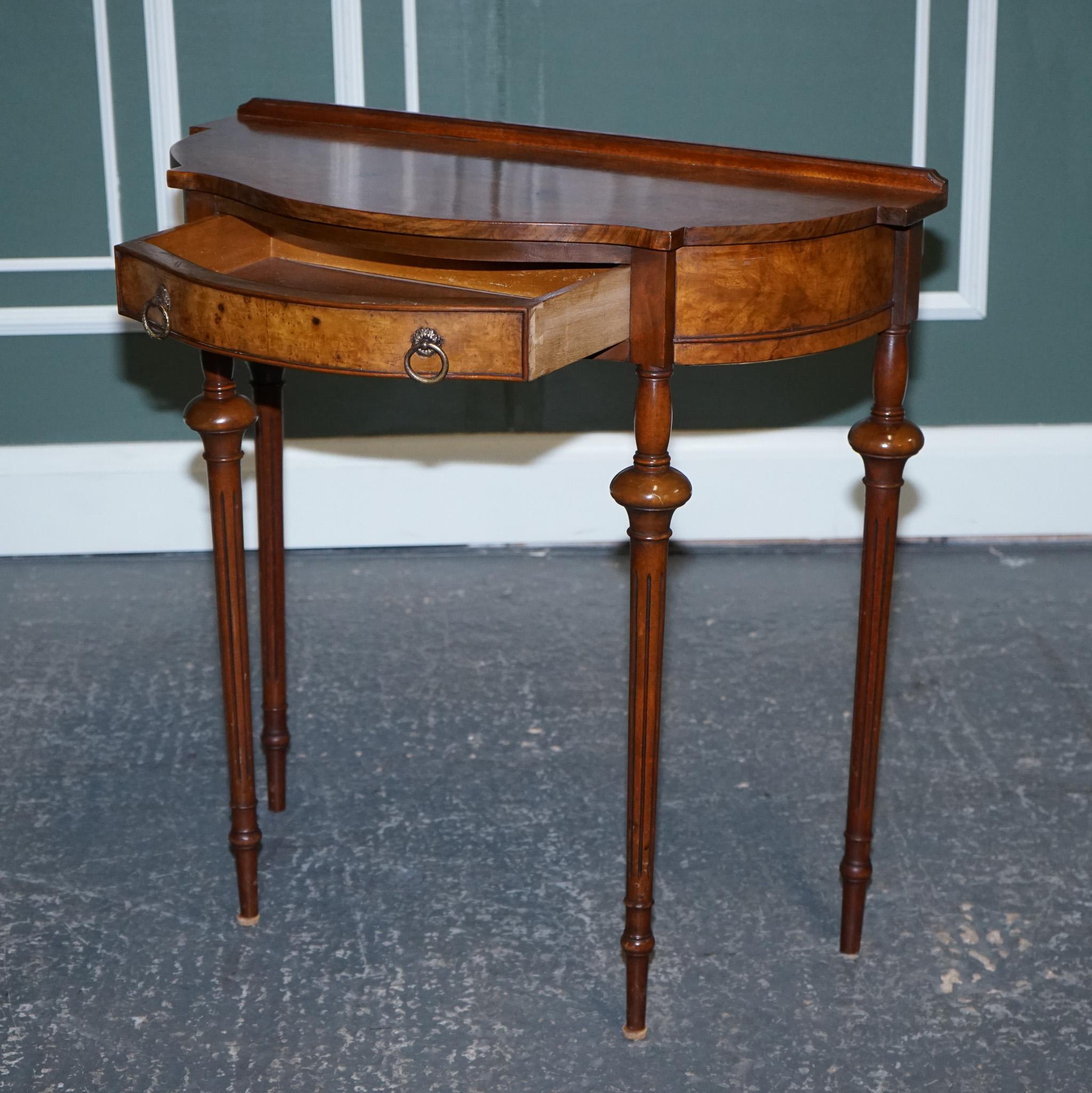 British Stunning Restored Burr Walnut Demilune Table Hallway Table
