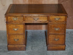 Stunning Restored circa 1800 Georgian Oak & Brown Leather Partners Pedestal Desk