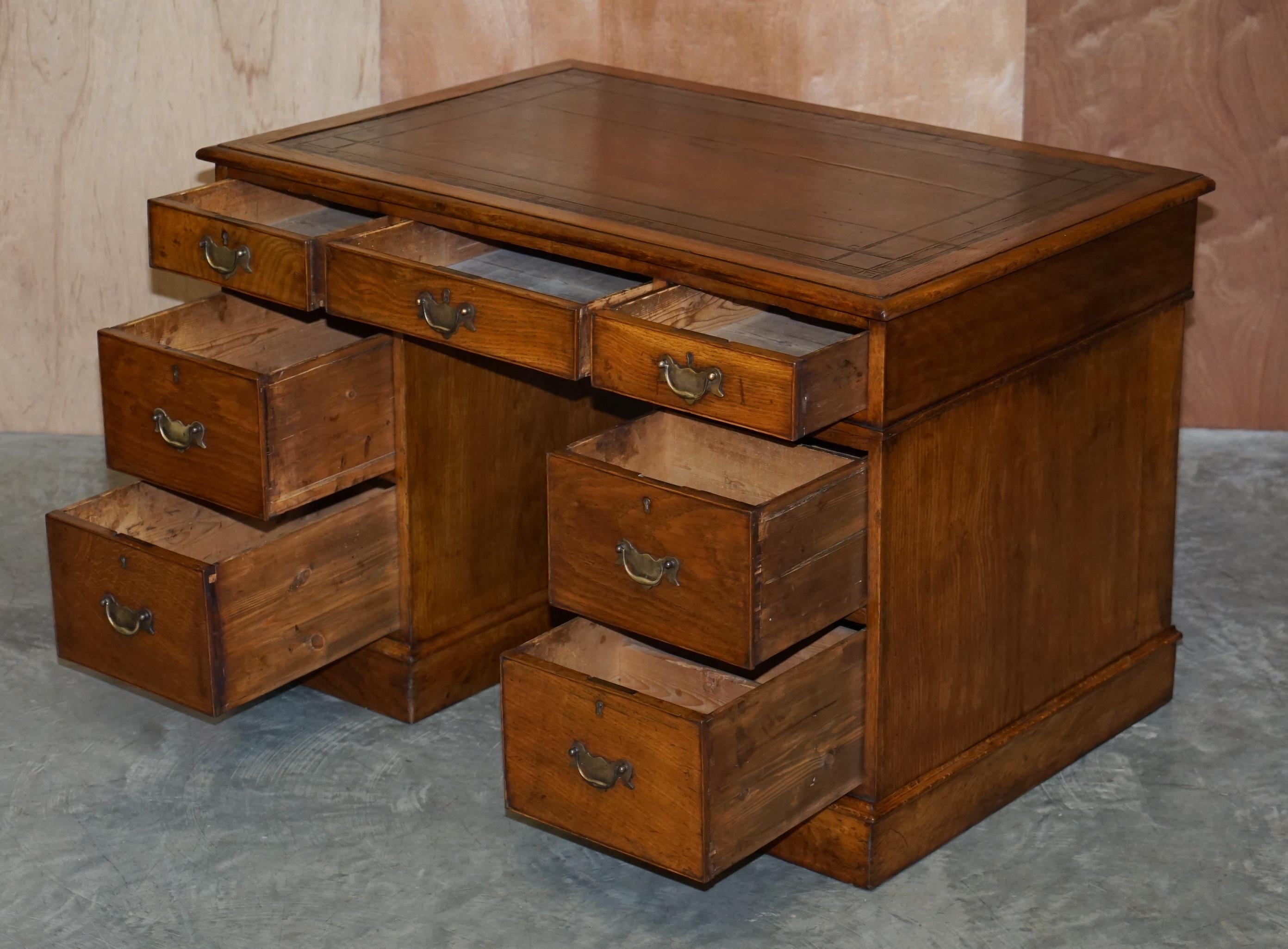Hand-Crafted Stunning Restored circa 1800 Georgian Oak & Brown Leather Partners Pedestal Desk For Sale