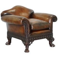 Stunning Restored Edwardian Brown Leather Club Armchair Ram's Head Carved Wood