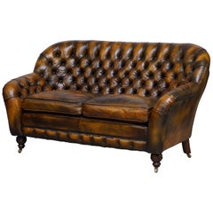 Used Stunning Restored Feather Filled Cushion Whisky Brown Leather Chesterfield Sofa