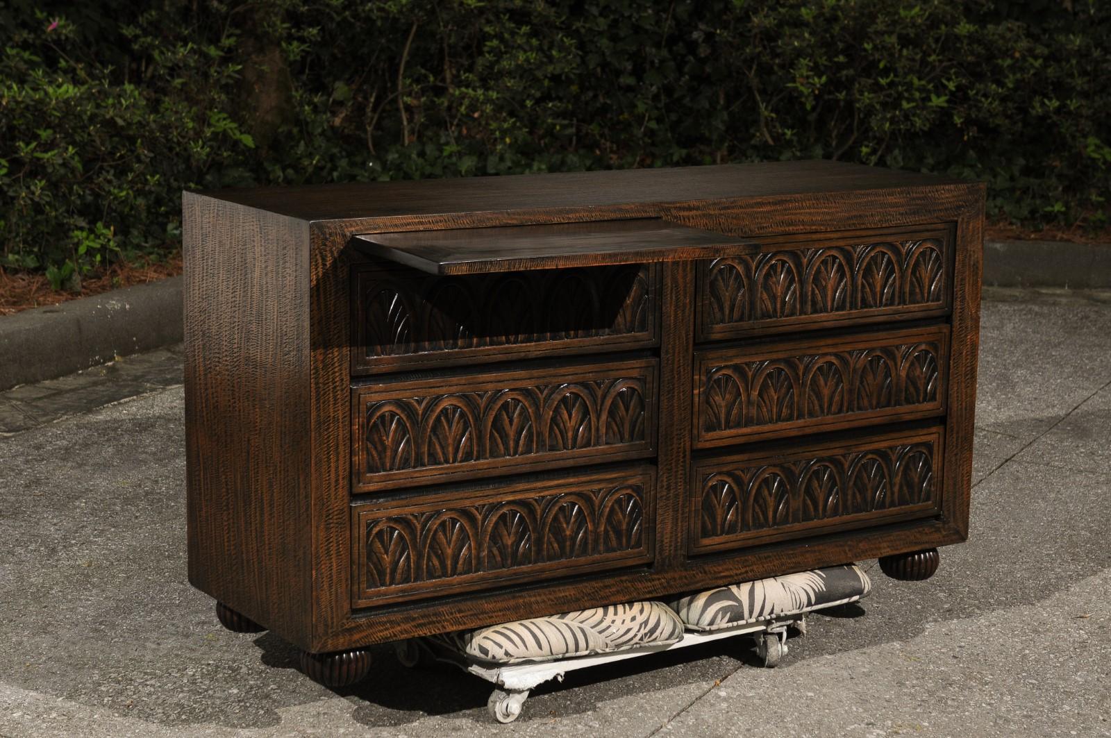 Mexican Stunning Restored Hand-Carved Mahogany Commode by Michael Taylor For Sale