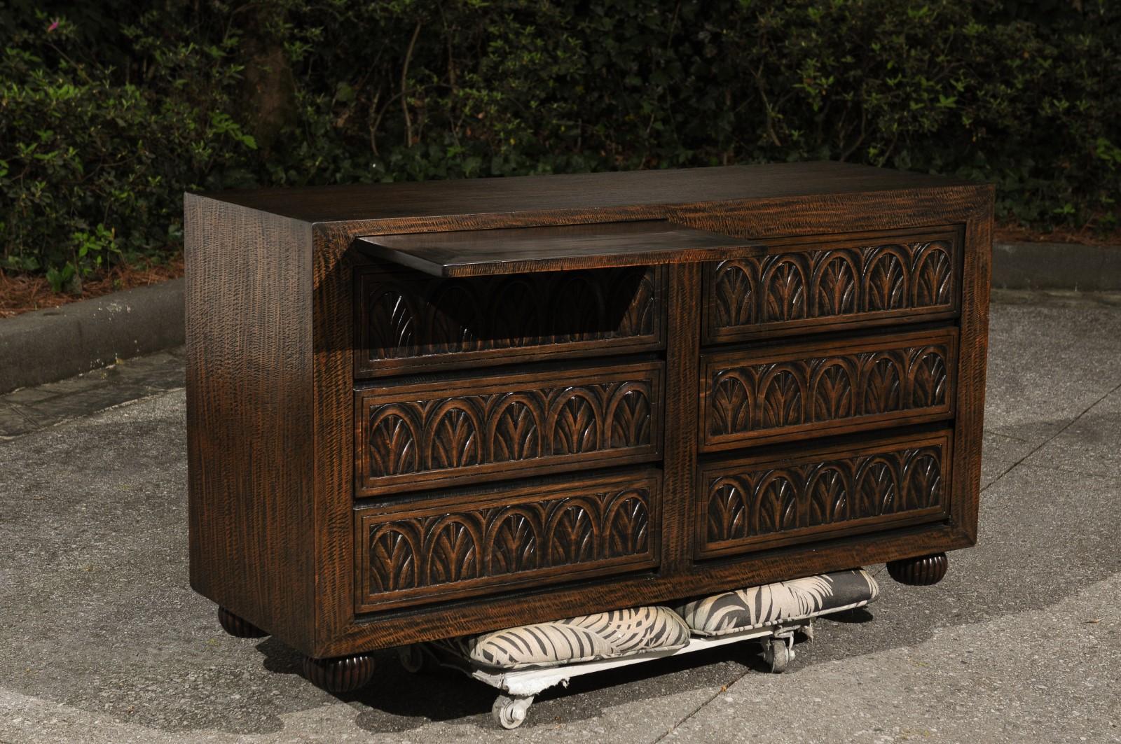 Mexican Stunning Restored Hand-Carved Mahogany Commode by Michael Taylor