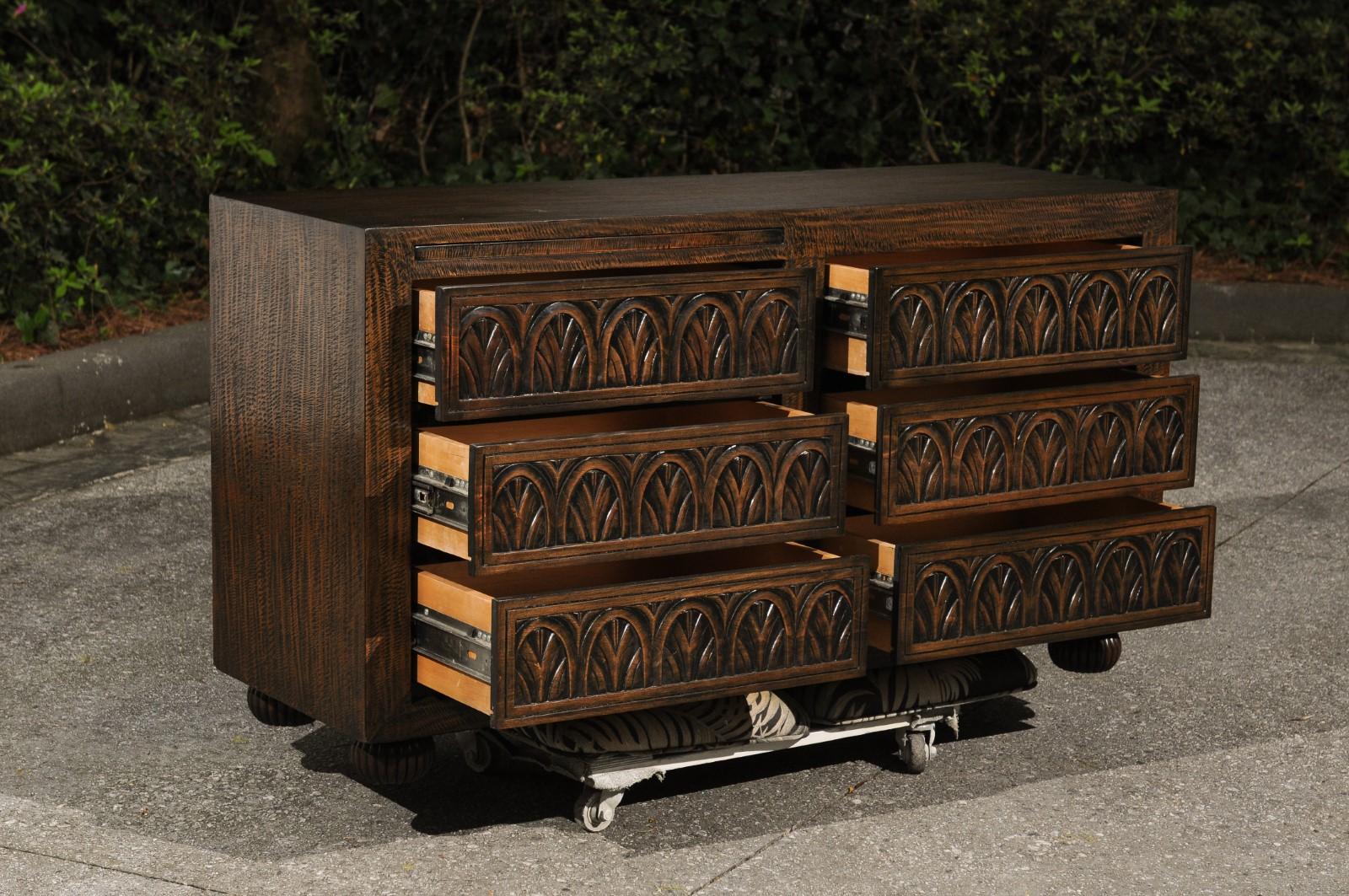 Late 20th Century Stunning Restored Hand-Carved Mahogany Commode by Michael Taylor For Sale