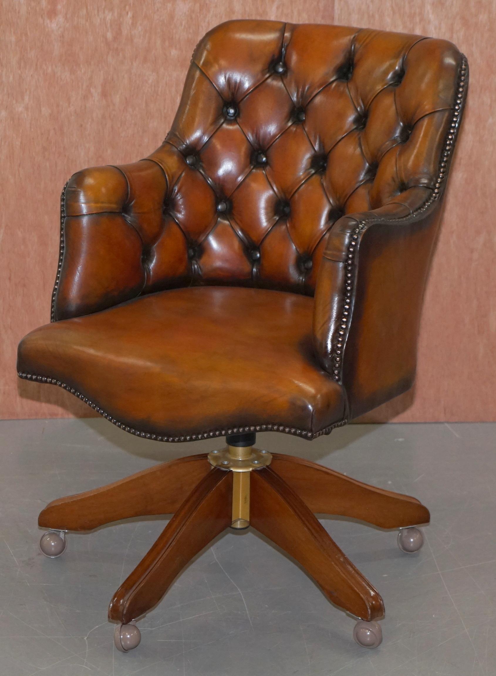 Mid-Century Modern Stunning Restored Hand Dyed Whisky Brown Leather Chesterfield Directors Chair