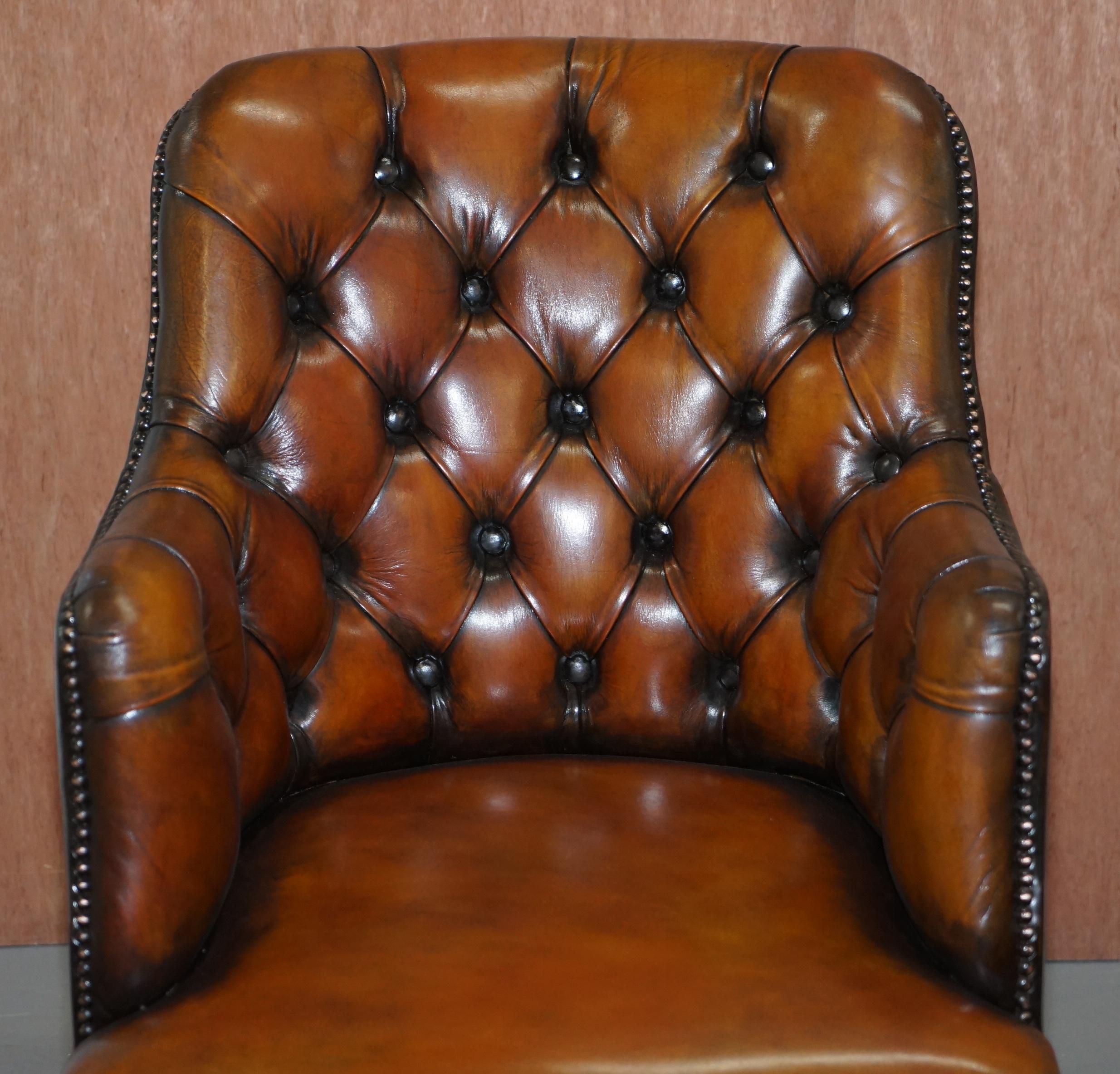 English Stunning Restored Hand Dyed Whisky Brown Leather Chesterfield Directors Chair