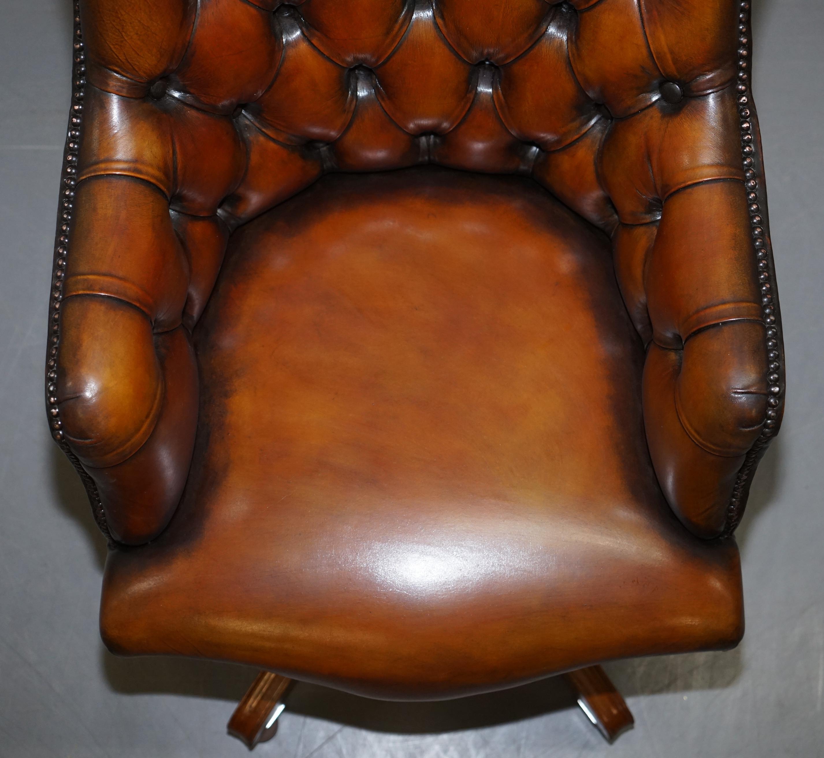 Stunning Restored Hand Dyed Whisky Brown Leather Chesterfield Directors Chair 1