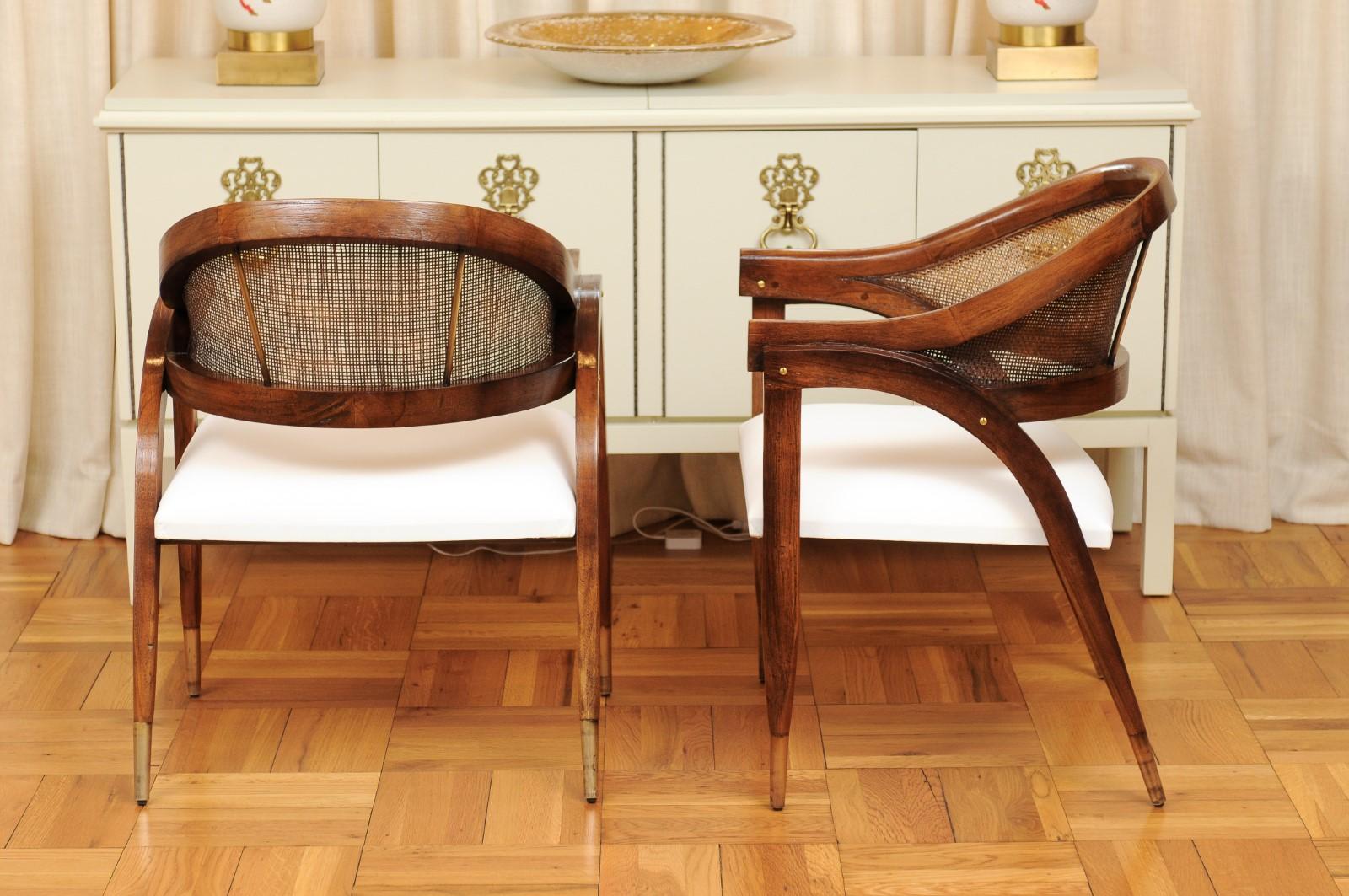 Stunning Restored Pair of Custom Teak and Cane Captains Chairs For Sale 3
