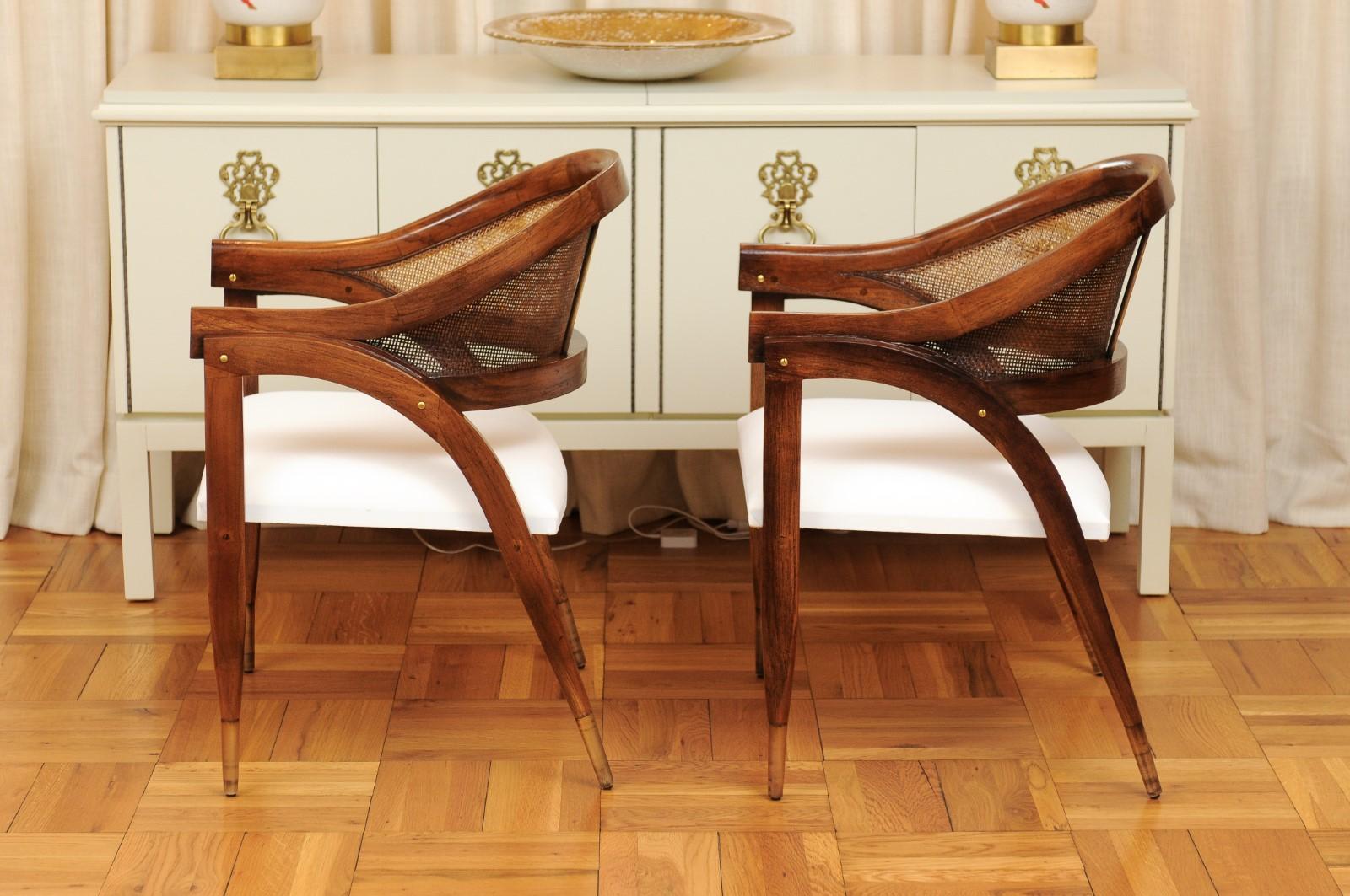 Stunning Restored Pair of Custom Teak and Cane Captains Chairs For Sale 4