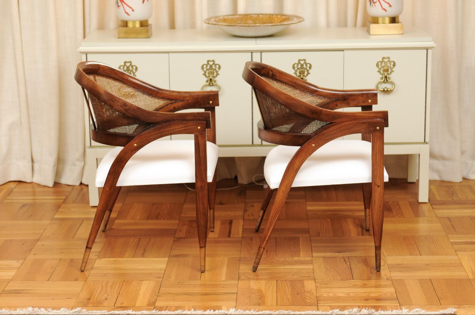 Brass Stunning Restored Pair of Custom Teak and Cane Captains Chairs For Sale