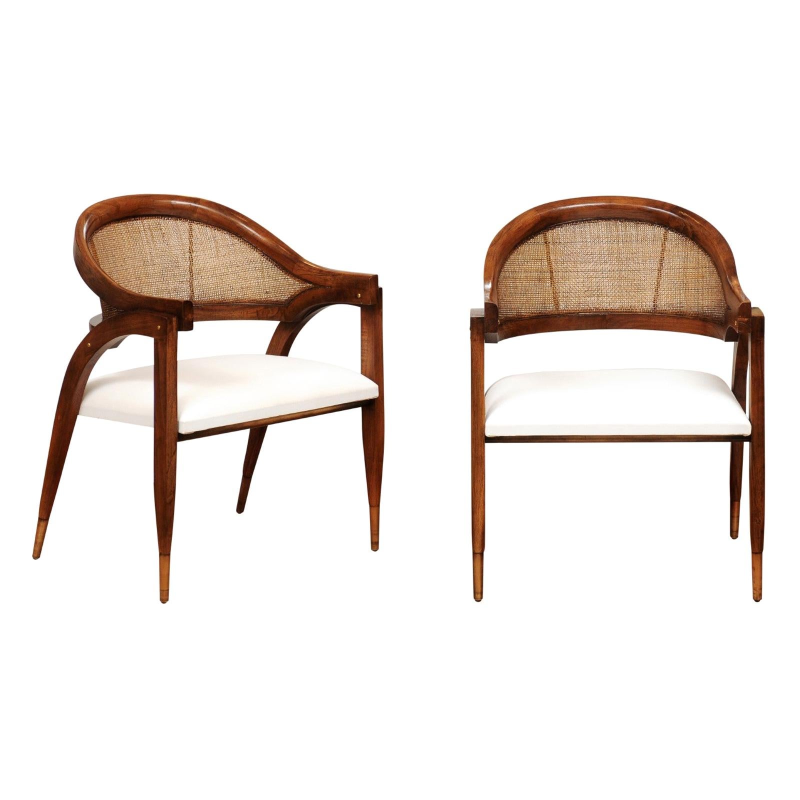 Stunning Restored Pair of Custom Teak and Cane Captains Chairs