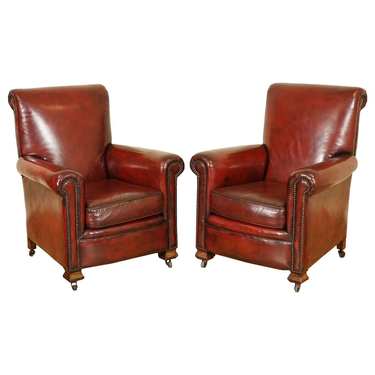 Stunning Restored Pair of Hand Dyed Victorian Gentleman
s Club Leather Armchairs