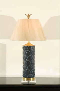 Stunning Restored Pair of Vintage Ceramic, Brass and Lucite Lamps, circa 1970