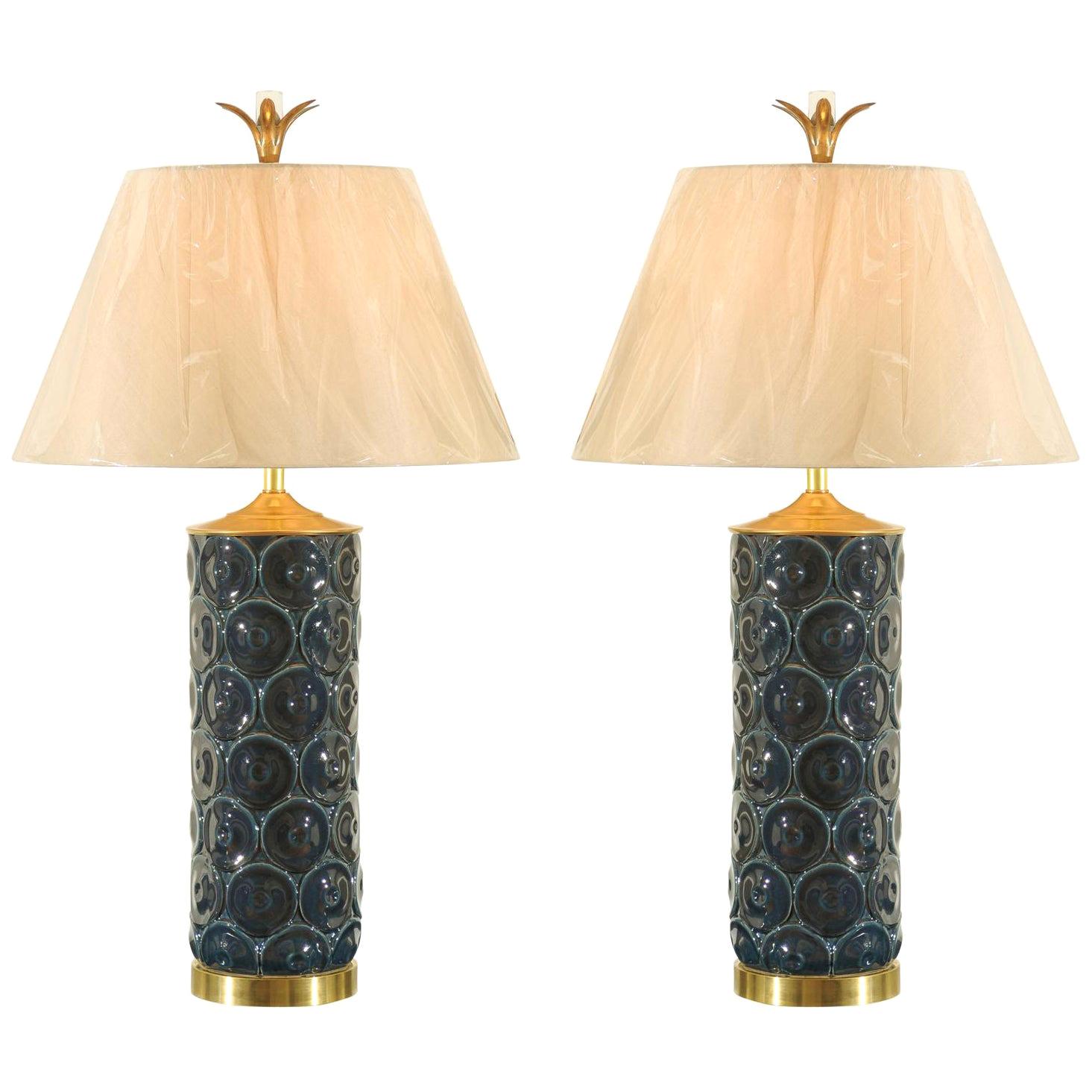 Stunning Restored Pair of Vintage Ceramic, Brass and Lucite Lamps, circa 1970 For Sale
