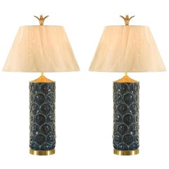 Stunning Restored Pair of Vintage Ceramic, Brass and Lucite Lamps, circa 1970