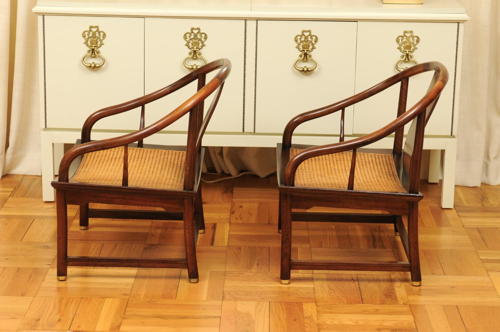 Stunning Restored Pair of Walnut Cane Loungers by Michael Taylor, circa 1960 For Sale 9