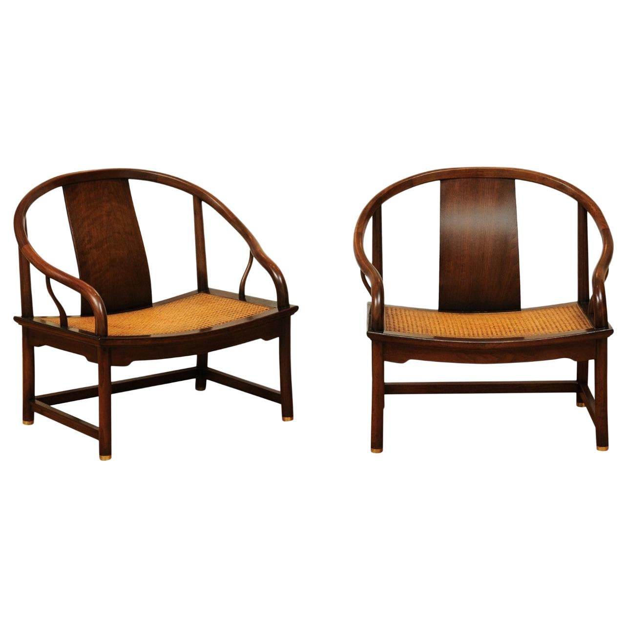 Stunning Restored Pair of Walnut Cane Loungers by Michael Taylor, circa 1960 For Sale