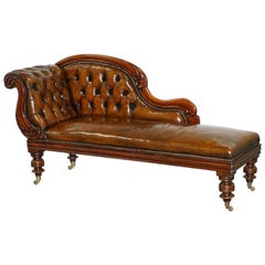 Antique Stunning Restored Victorian Chesterfield Aged Brown Leather Chaise Longue Daybed