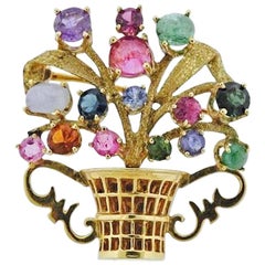 Stunning Retro 1950s Cartier Gemstone 14 Karat Flower Basket Brooch Pin Pendant