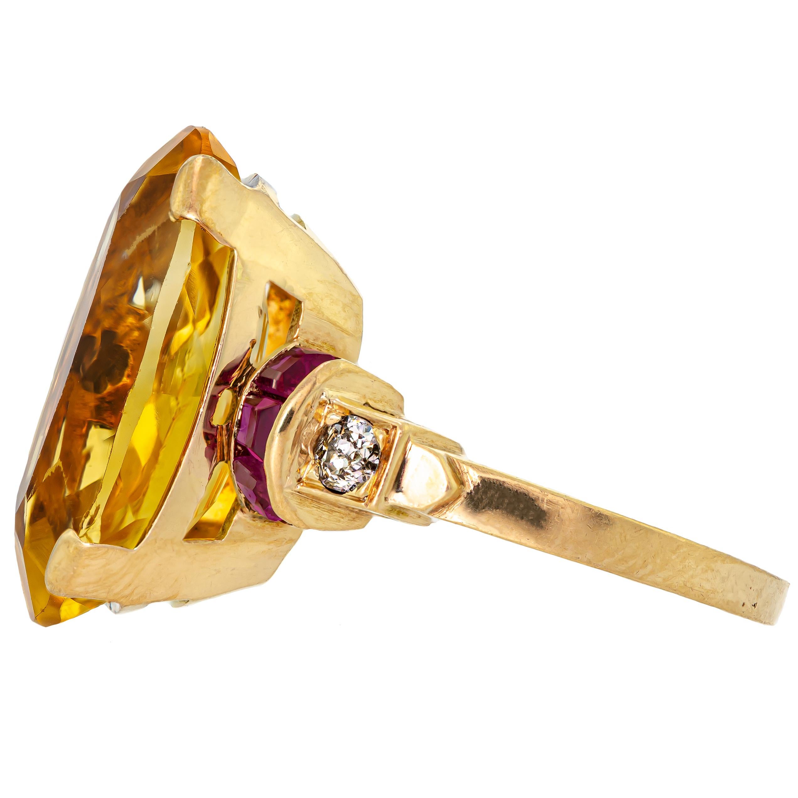 Women's Stunning Retro Circa 1940 Citrine Ruby and Diamond and 14KT Yellow Gold Cocktail For Sale
