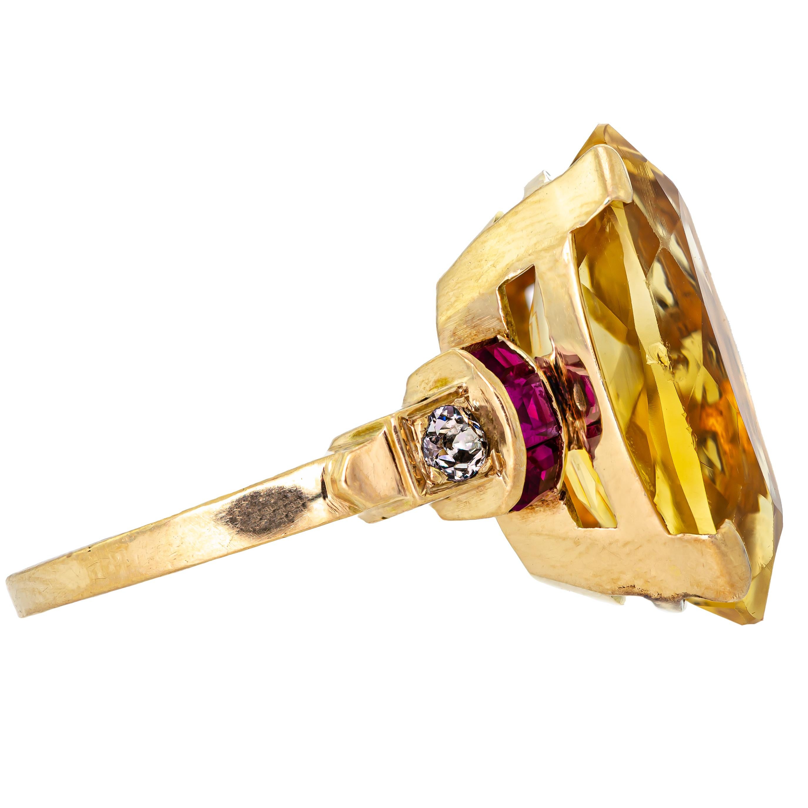 Stunning Retro Circa 1940 Citrine Ruby and Diamond and 14KT Yellow Gold Cocktail For Sale 1