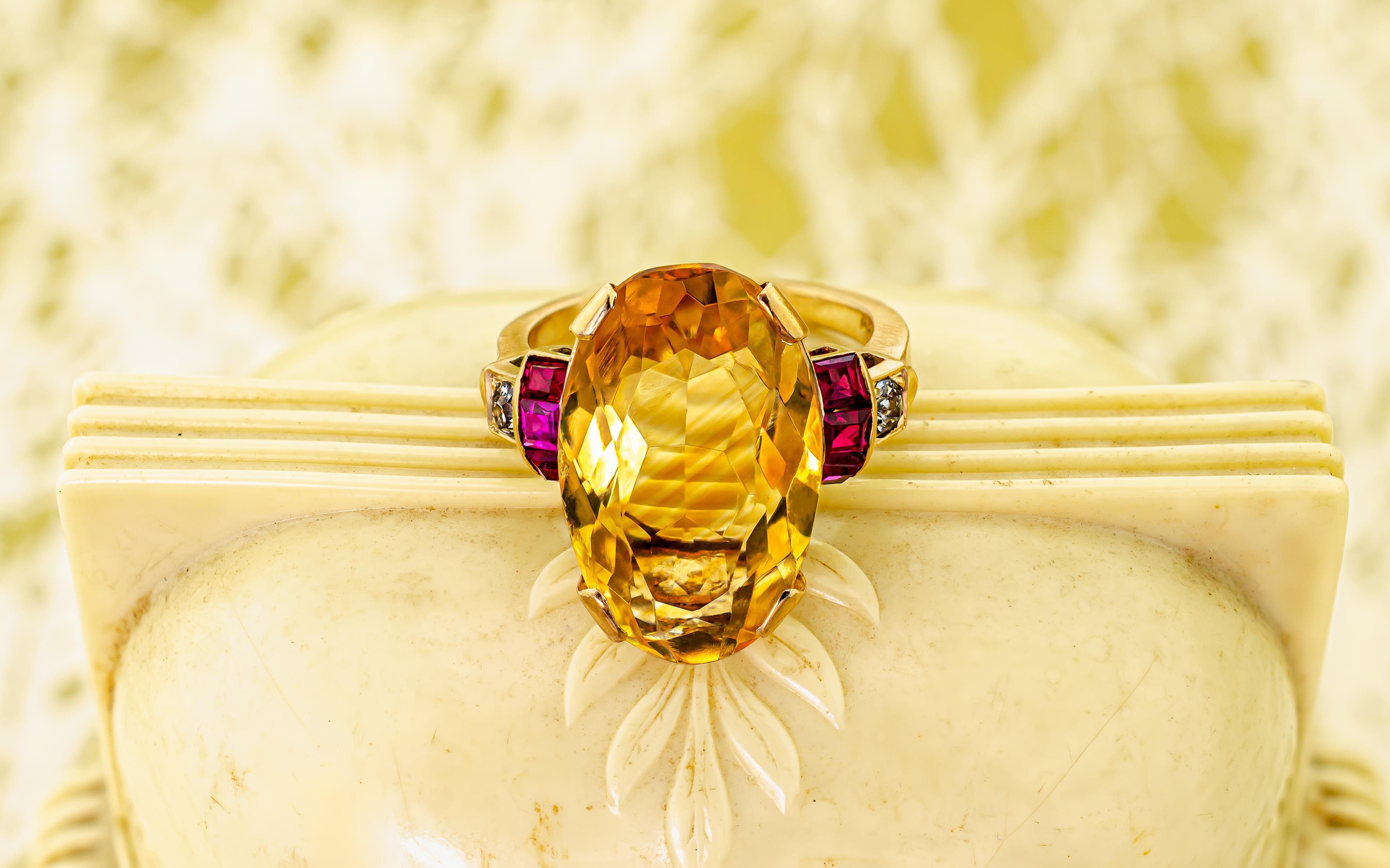 Stunning Retro Circa 1940 Citrine Ruby and Diamond and 14KT Yellow Gold Cocktail For Sale 2