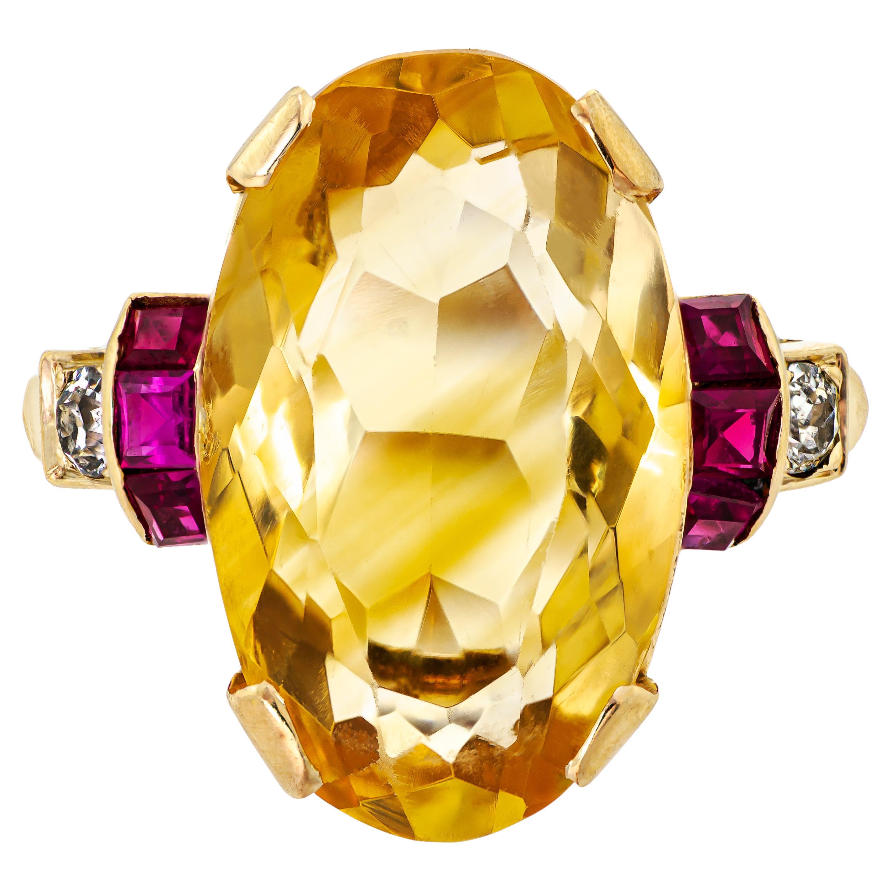 Stunning Retro Circa 1940 Citrine Ruby and Diamond and 14KT Yellow Gold Cocktail For Sale