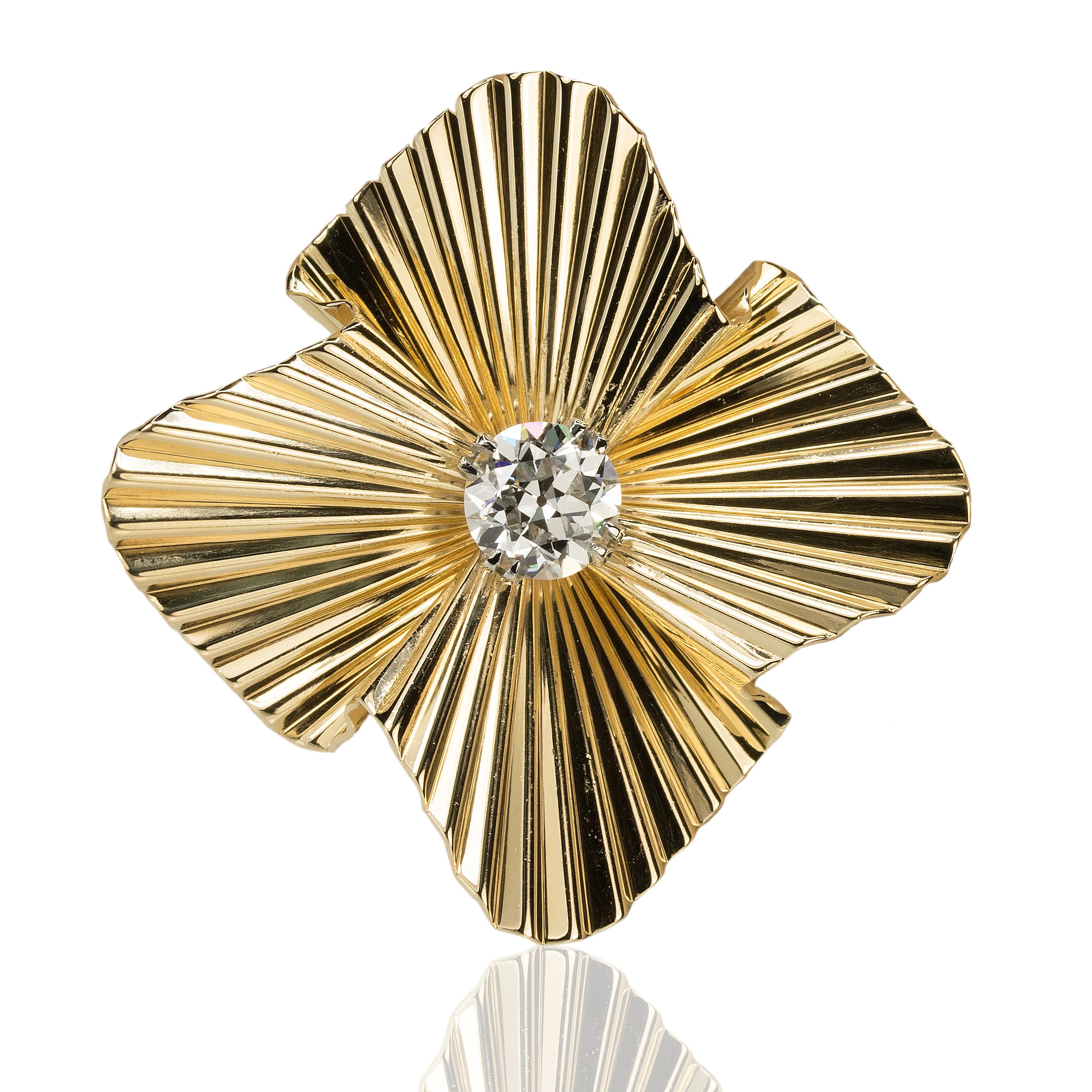 Yellow Gold circa 1950's Retro period Tiffany & Co Fan Brooch with GIA certified K color VS1 clarity 1.74 carat Old European Cut Diamond.