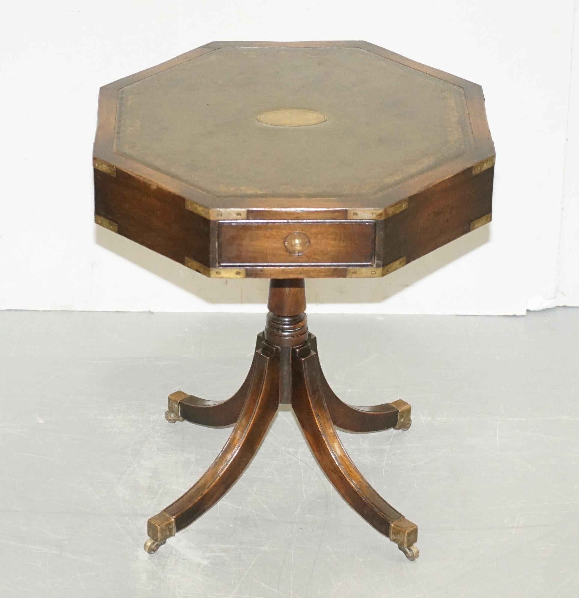 We are delighted to offer for sale this lovely Regency style mahogany drum table made in the Military Campaign style with leather top 

A good looking piece, the leather top has nicely aged, it has gold leaf embossing, the handles are all original
