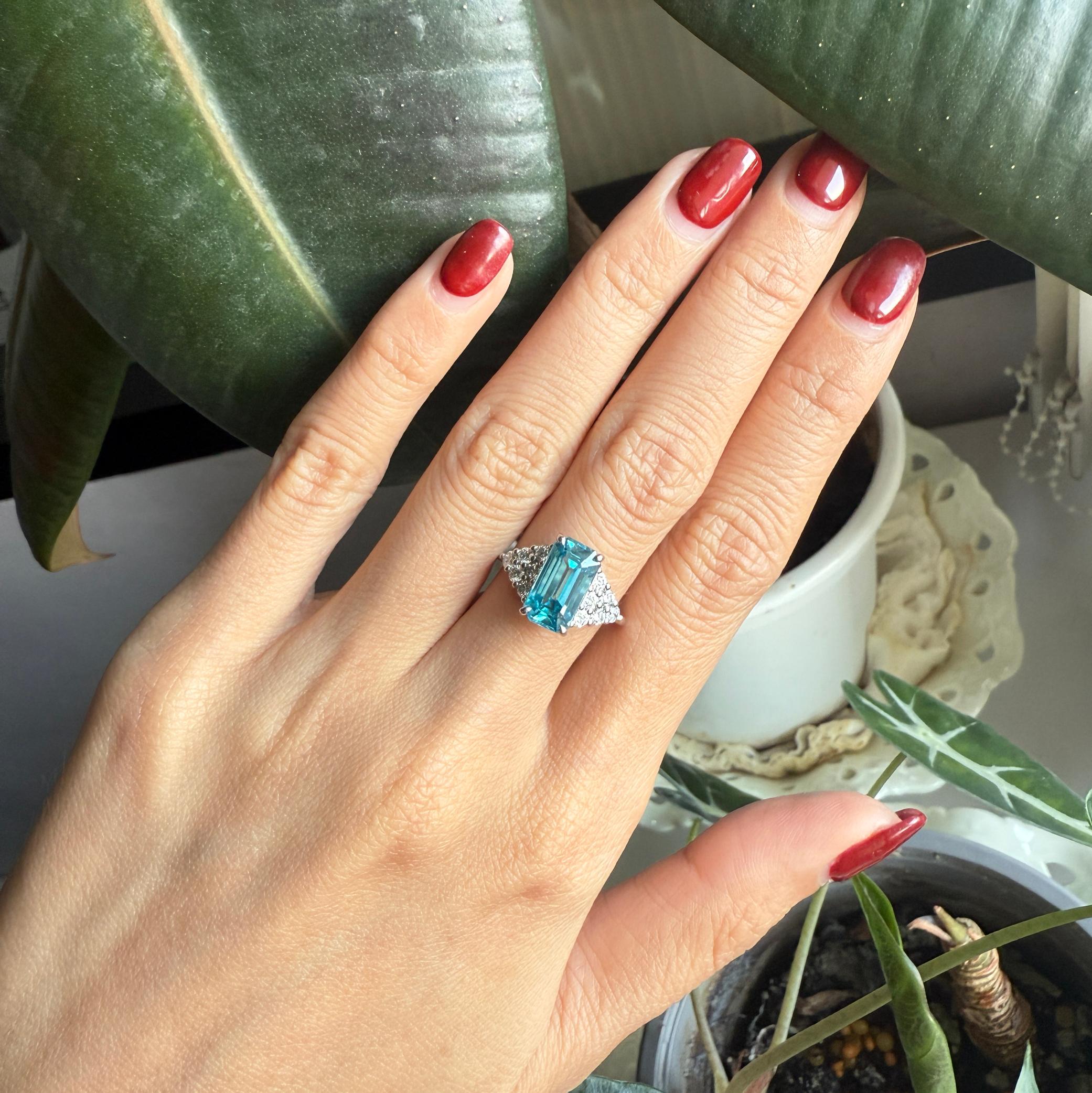 Emerald Cut Stunning Rich Blue Natural Zircon Platinum 950 Ring with Natural Diamonds For Sale