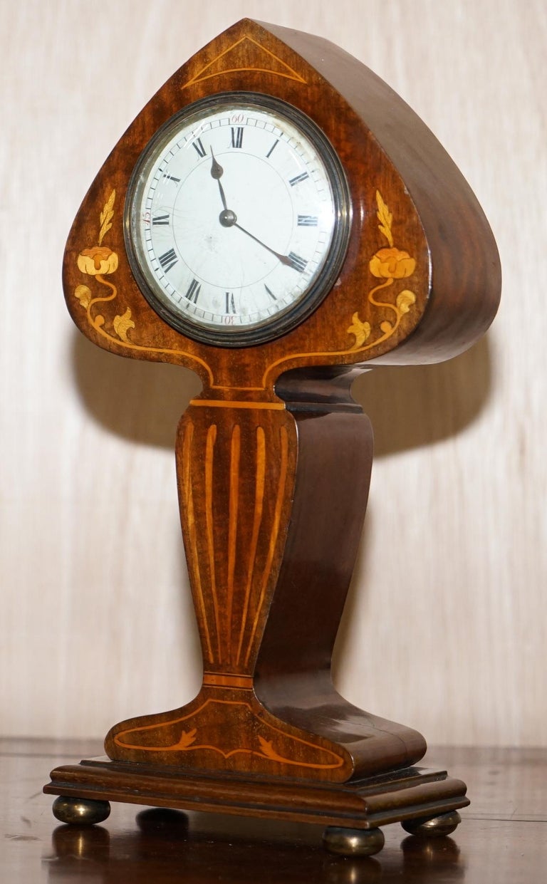 Stunning Richard and Co Art Nouveau Mahogany Inlaid Mantle Clock Ace of