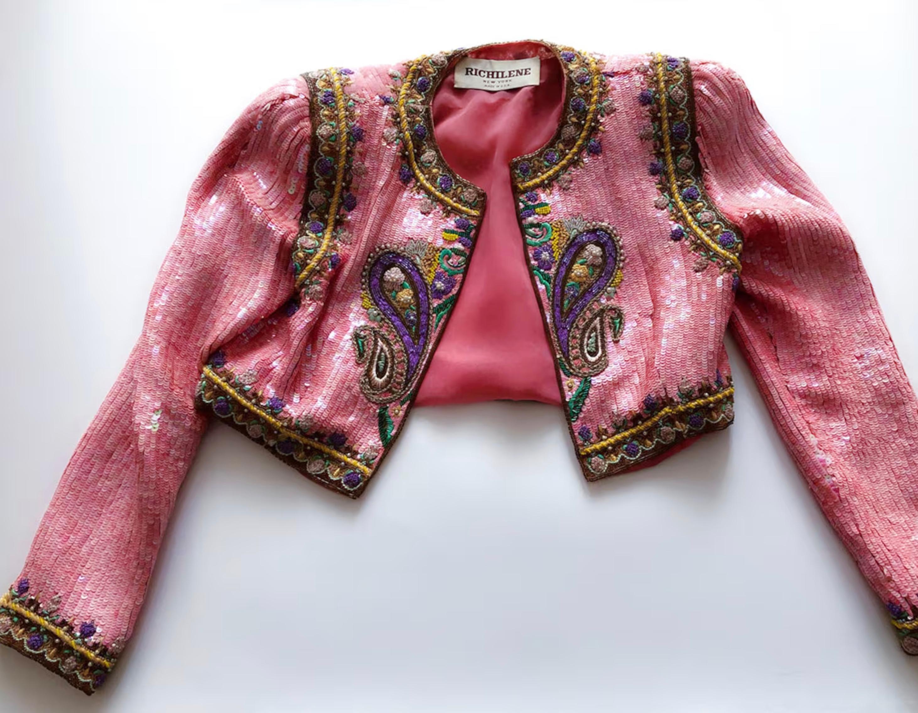 Richilene New York - Robe vintage faite main Jakcet perlée et paillettes, années 70 en vente 1