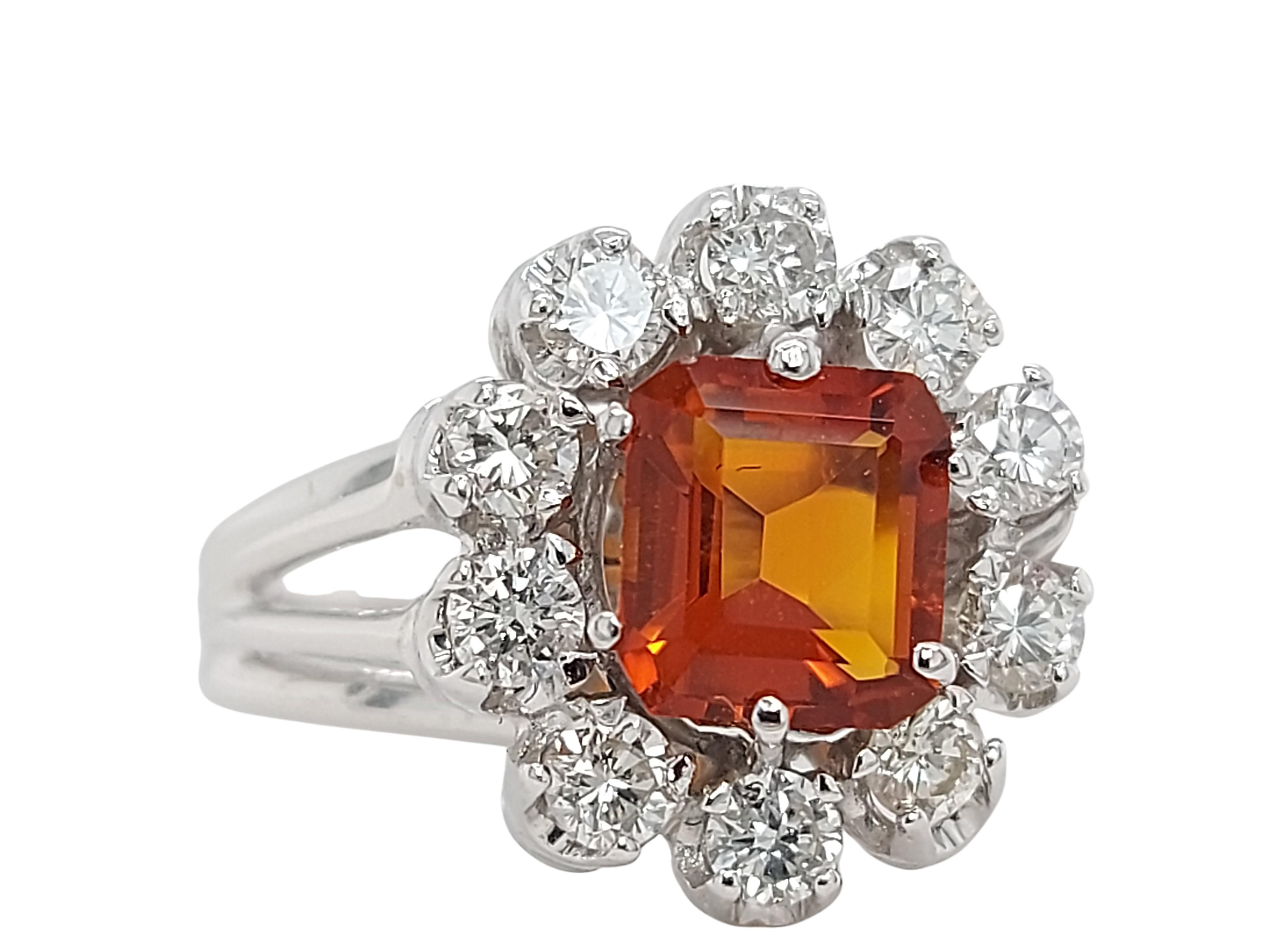 Stunning Ring with a big citrine stone surrounded by diamonds

Centre stone: Citrine, 1 Ct.

Diamonds: 10 brilliant cut diamonds

Material: 18kt white gold

Ring size: 51 EU / 5 1/2 US ( can be resized for free)

Total weight: 5.5 gram / 0.195 oz /