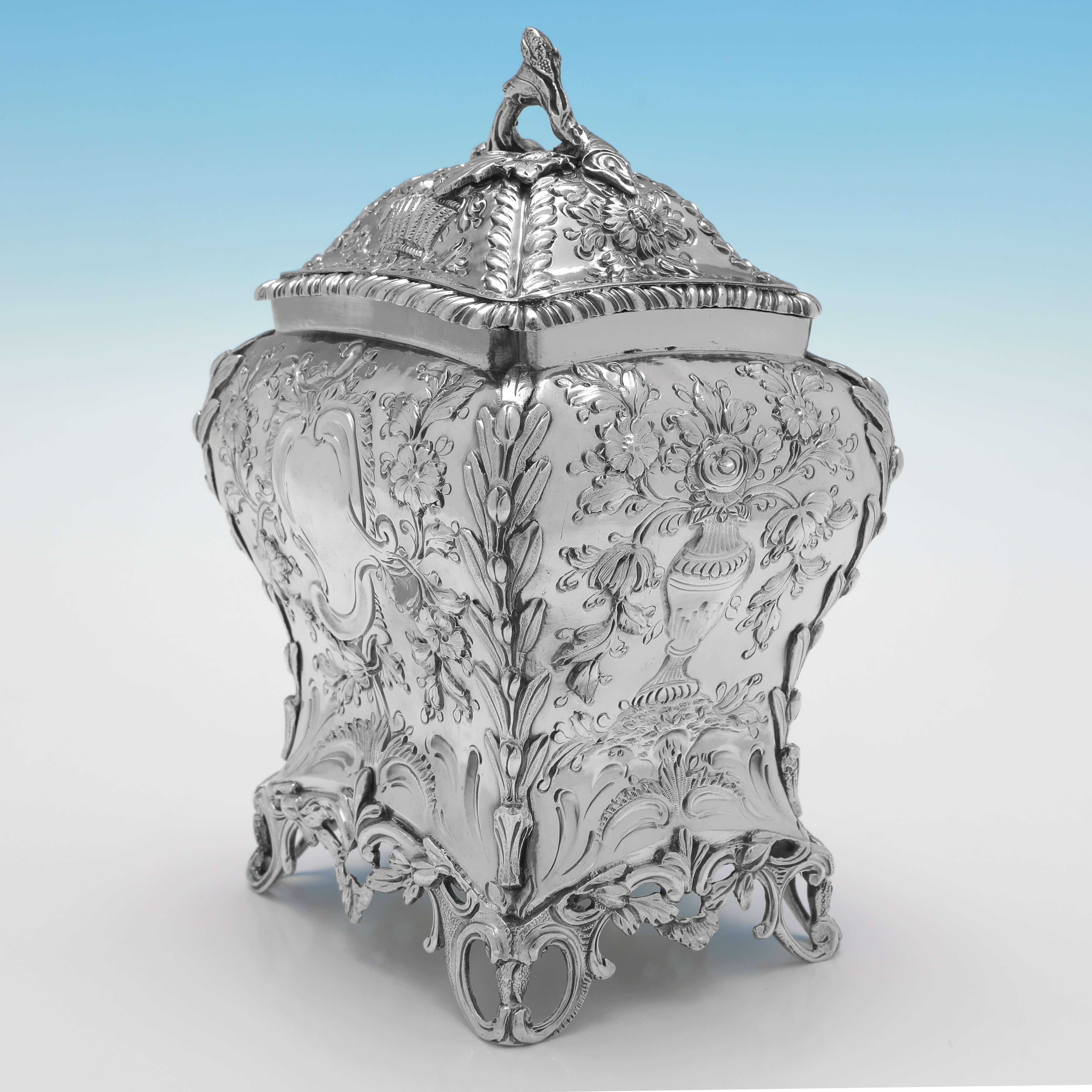 English Stunning Rococo Pair of Antique Sterling Silver Tea Caddies, London, 1768 For Sale