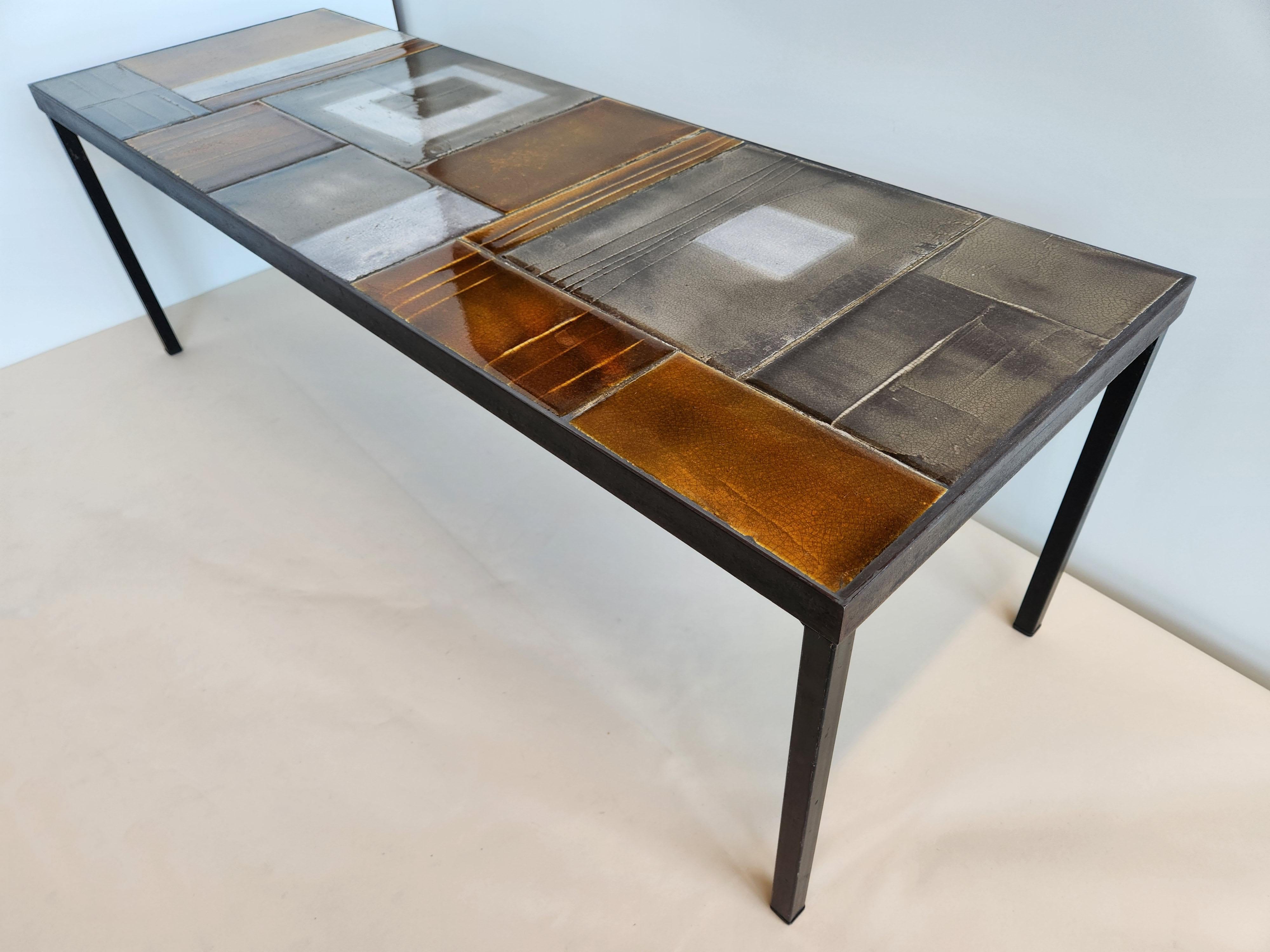 Roger Capron - Stunning Ceramic Coffee Table with Lava Tiles, Metal Frame, 1970s For Sale 5