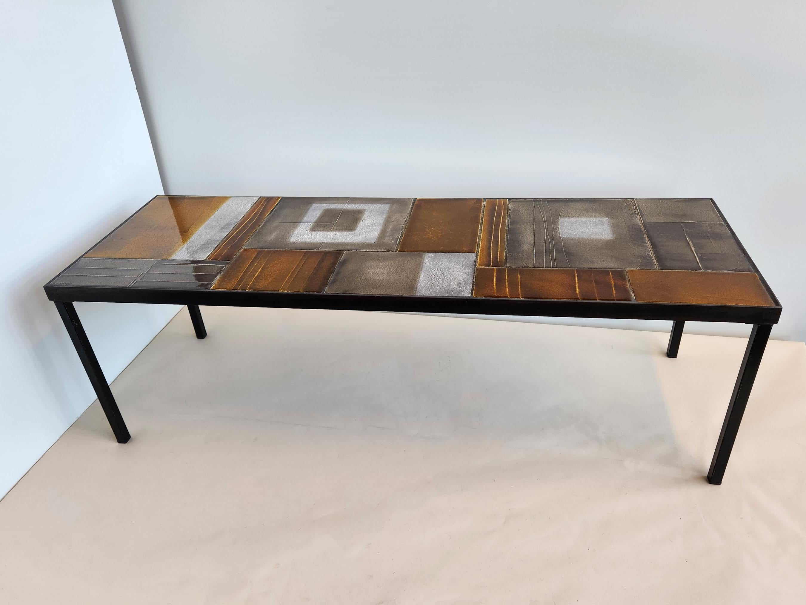 Roger Capron - Stunning Ceramic Coffee Table with Lava Tiles, Metal Frame, 1970s In Excellent Condition For Sale In Stratford, CT