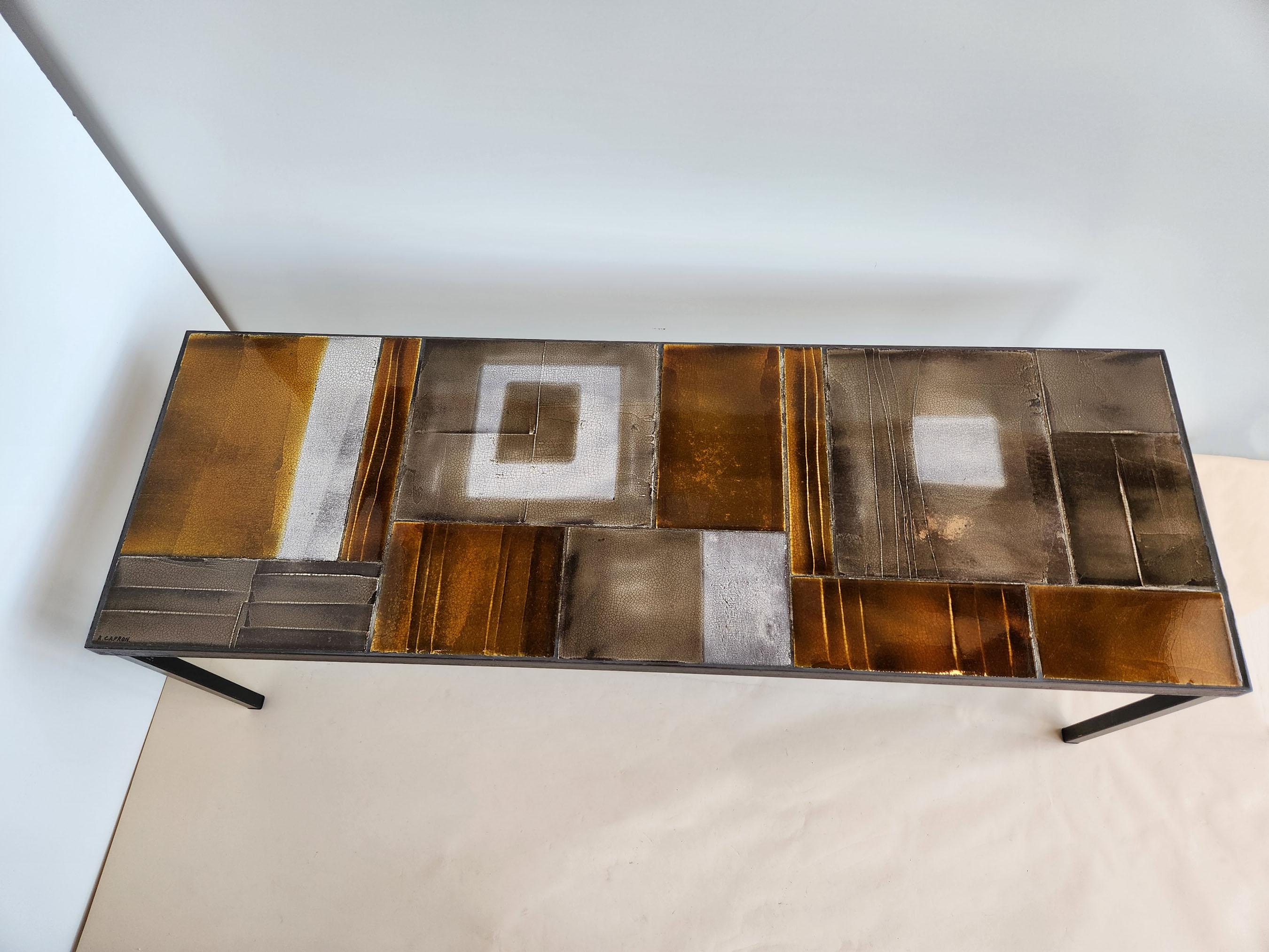 Roger Capron - Stunning Ceramic Coffee Table with Lava Tiles, Metal Frame, 1970s For Sale 1