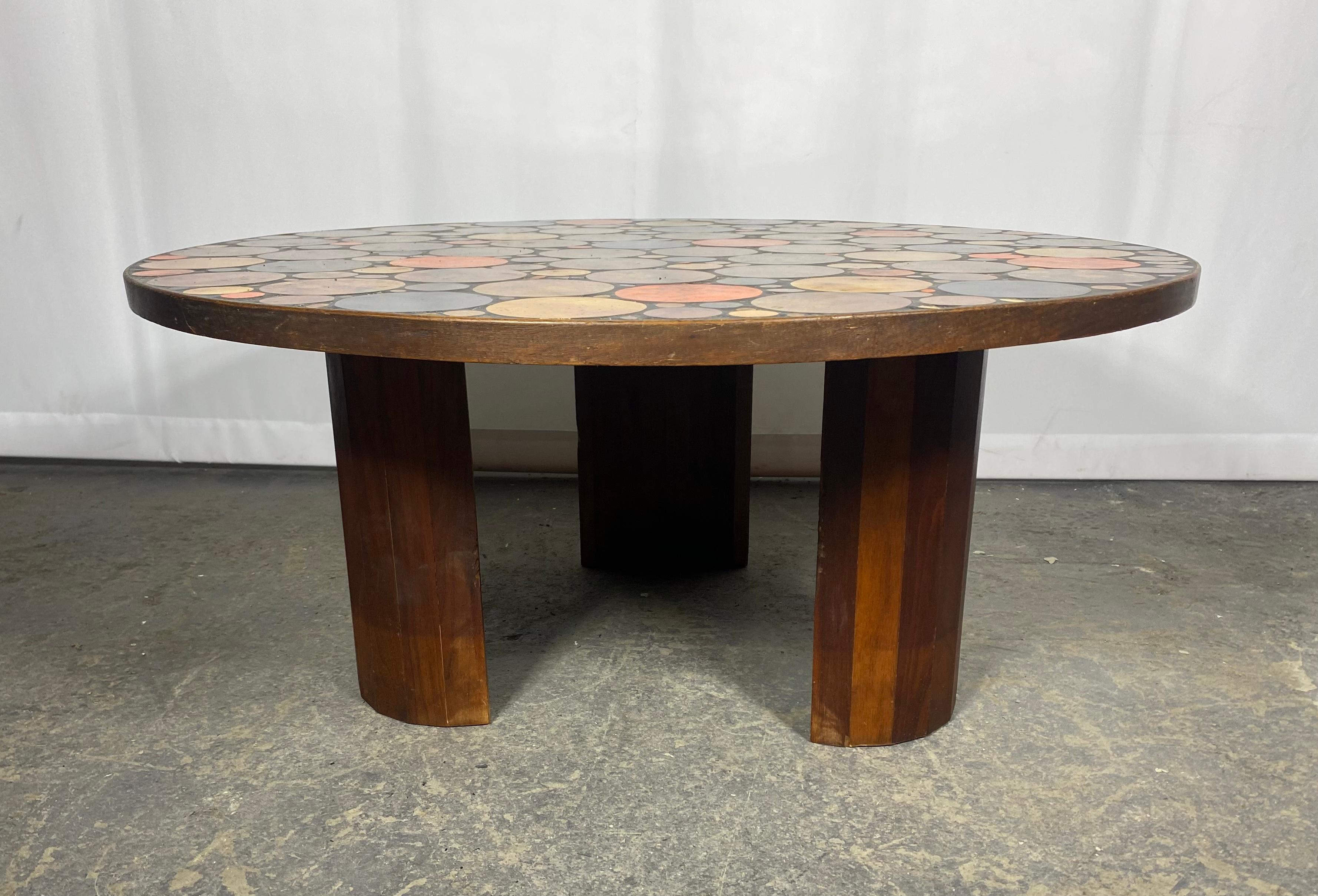Stunning Roger Capron CERAMIC Tile Top Cocktail / Coffee Table ,,Amazing multi-color circles,Pop Modernist. 